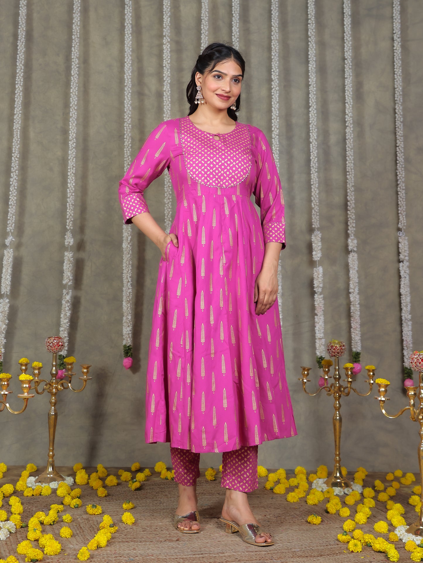 Viscose Gold foil Anarkali Pink Kurta