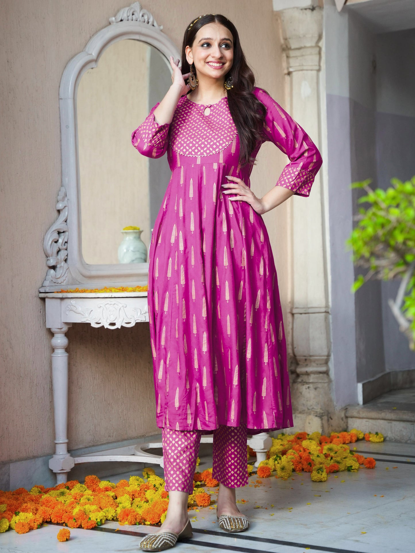 Viscose Gold foil Anarkali Pink Kurta