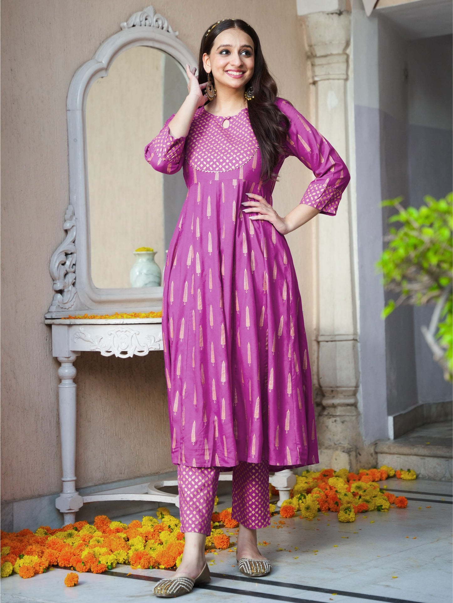 Viscose Gold foil Anarkali Pink Kurta