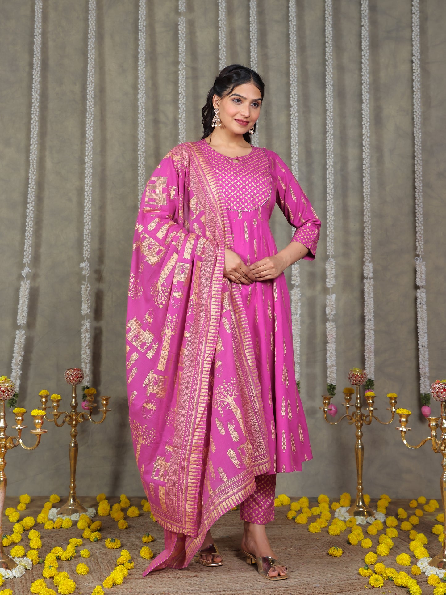 Viscose Gold foil Anarkali Pink Kurta