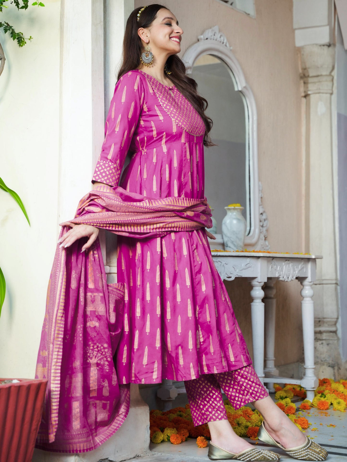 Viscose Gold foil Anarkali Pink Kurta