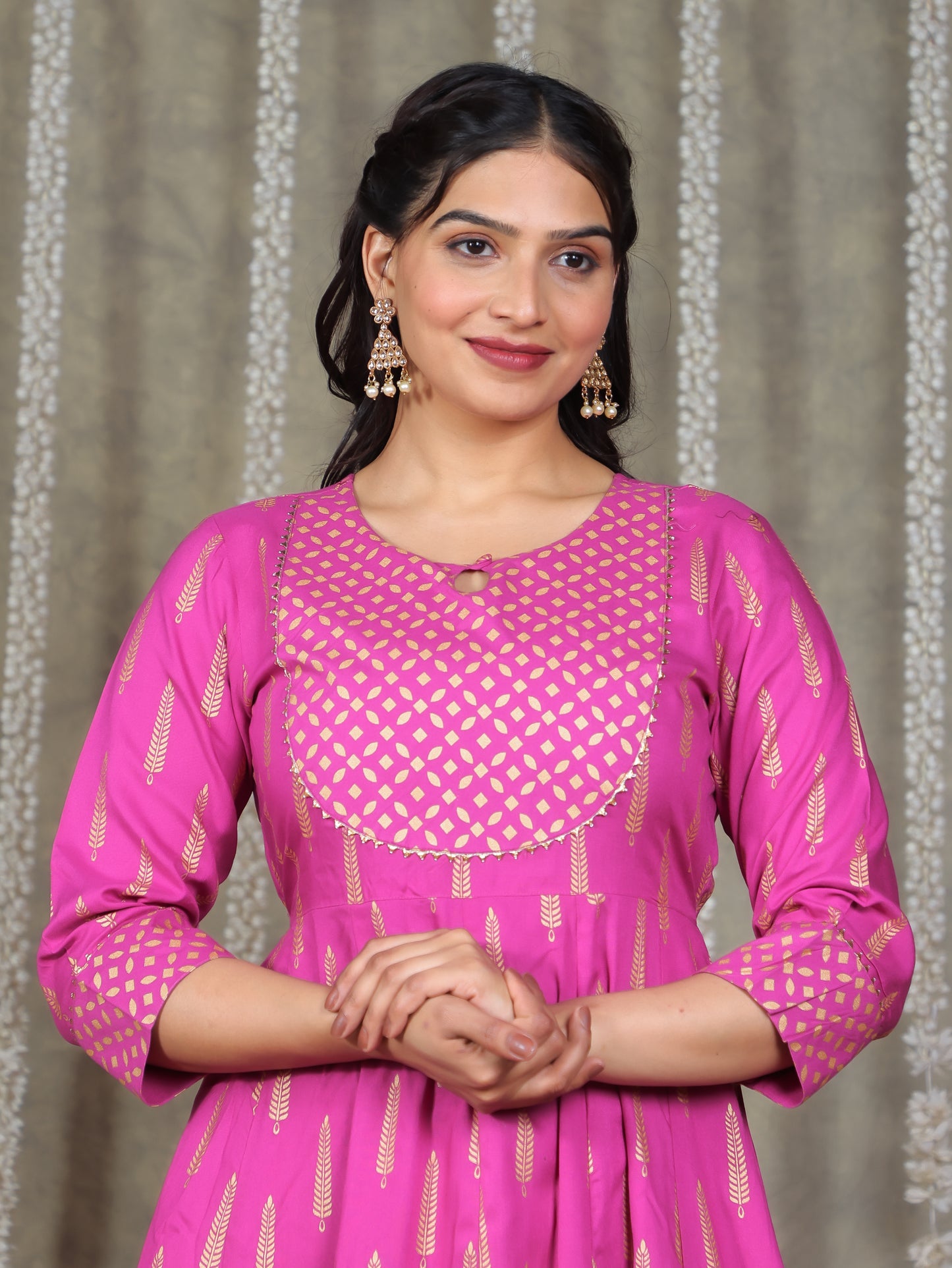 Viscose Gold foil Anarkali Pink Kurta