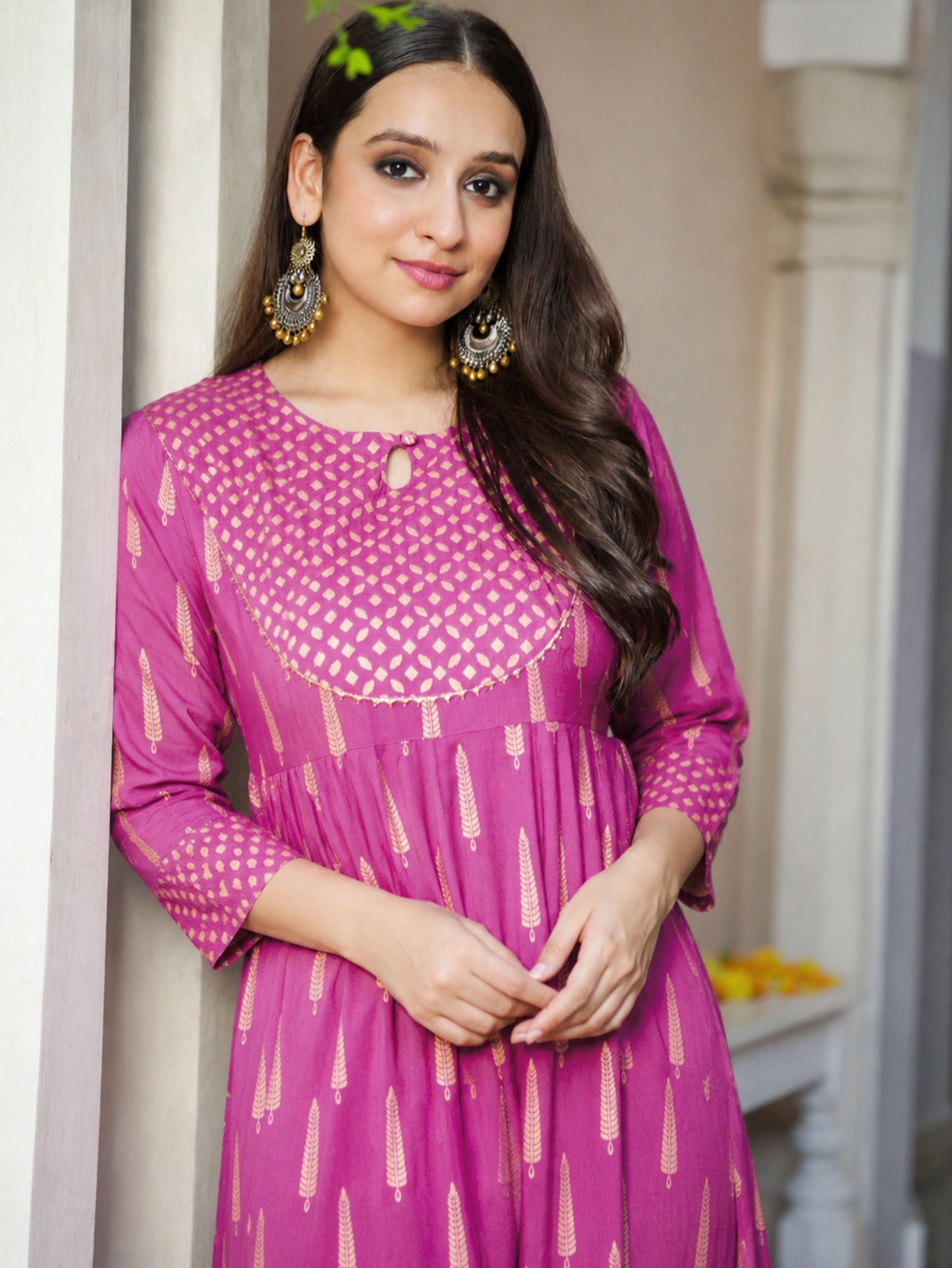 Viscose Gold foil Anarkali Pink Kurta