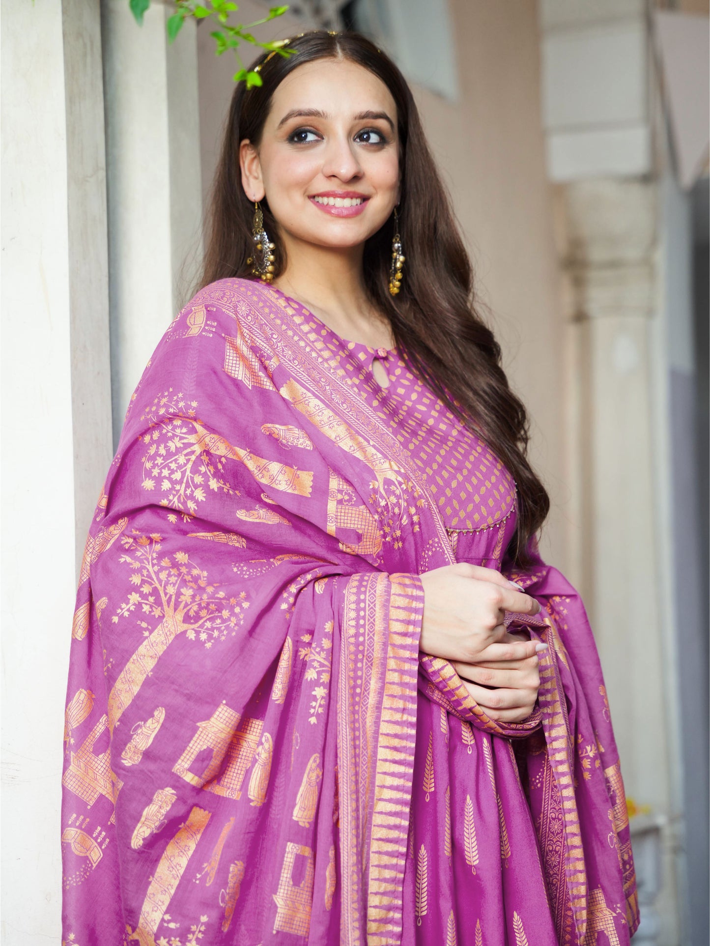 Viscose Gold foil Anarkali Pink Kurta