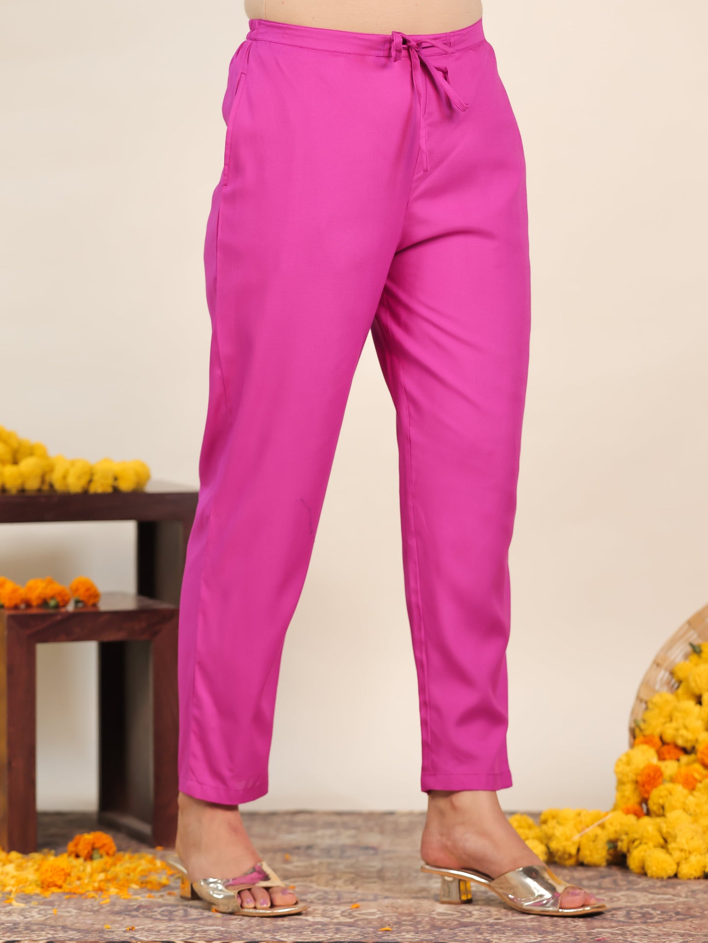 Viscose Striped Pink Tapered Tapered Trousers
