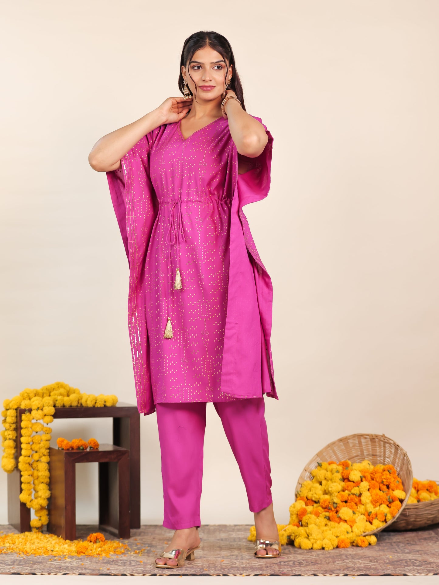 Embroidered Viscose Gold foil Kaftan Pink Kurta