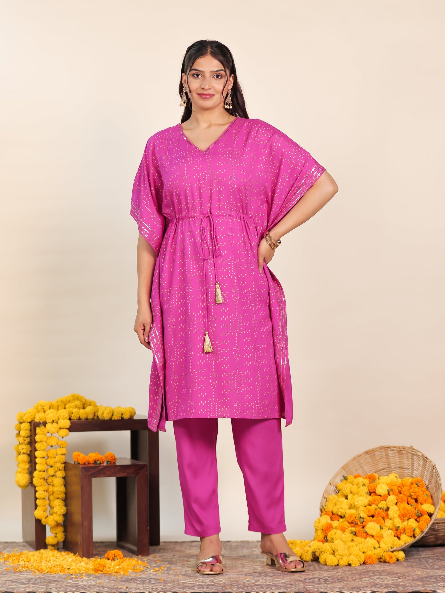Embroidered Viscose Gold foil Kaftan Pink Kurta