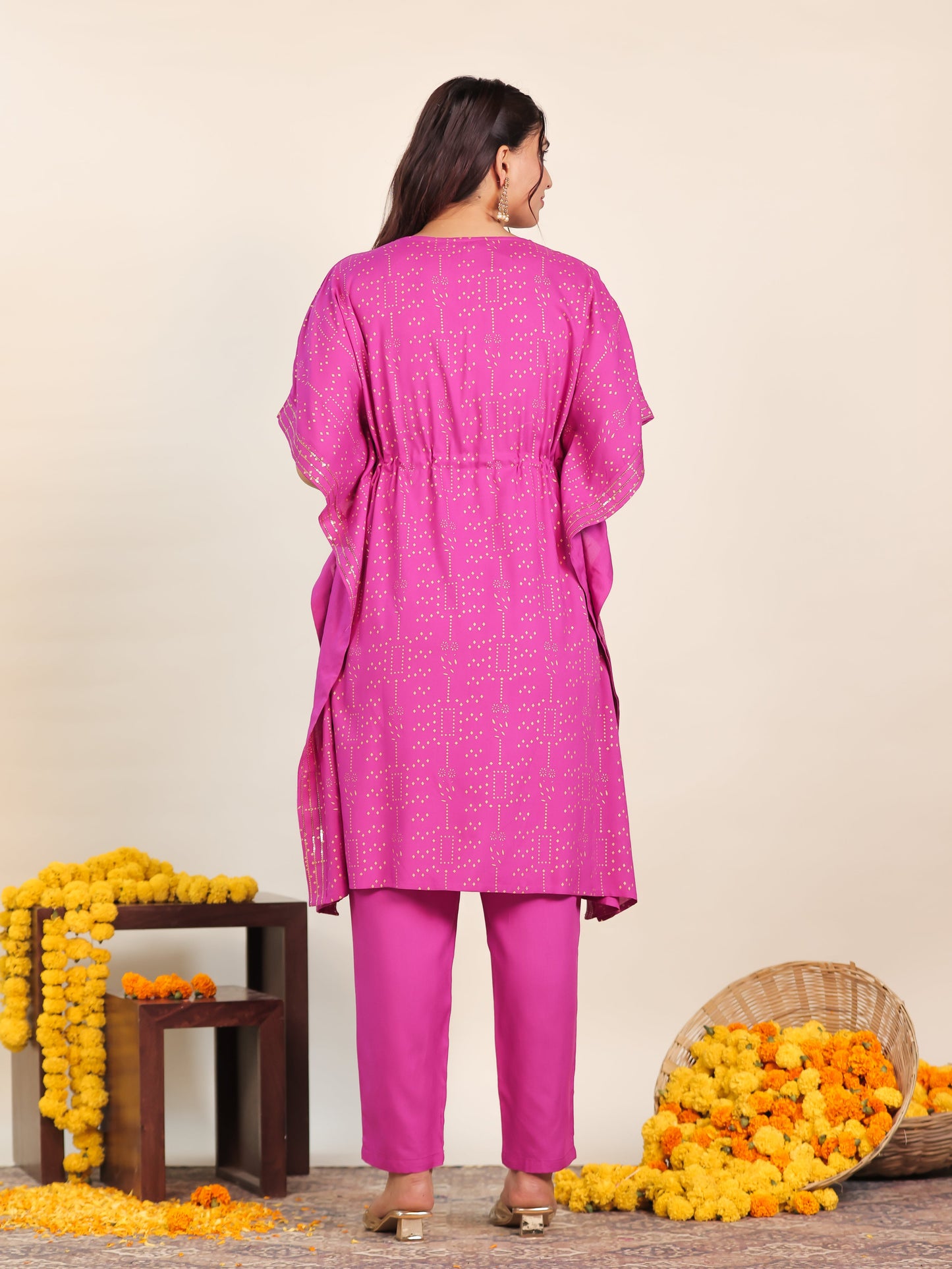Embroidered Viscose Gold foil Kaftan Pink Kurta