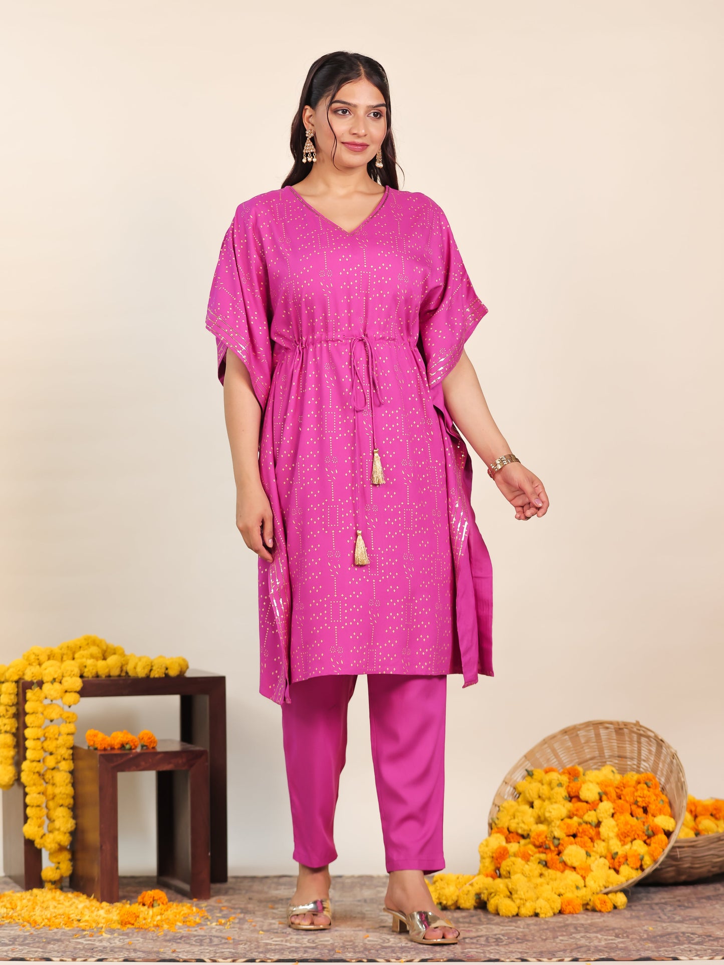 Embroidered Viscose Gold foil Kaftan Pink Kurta