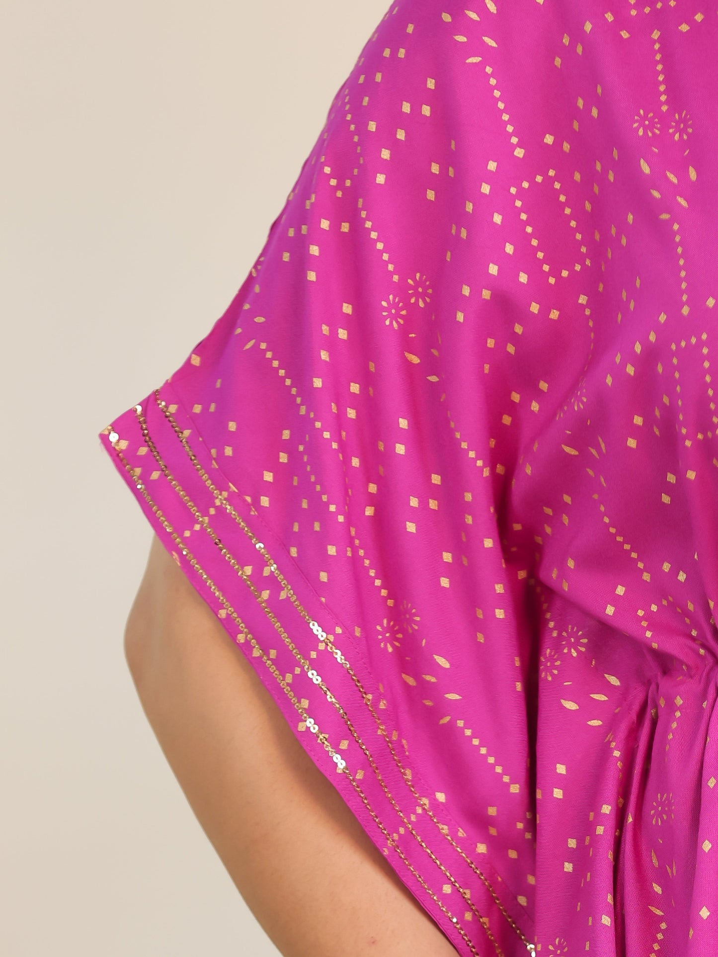 Embroidered Viscose Gold foil Kaftan Pink Kurta