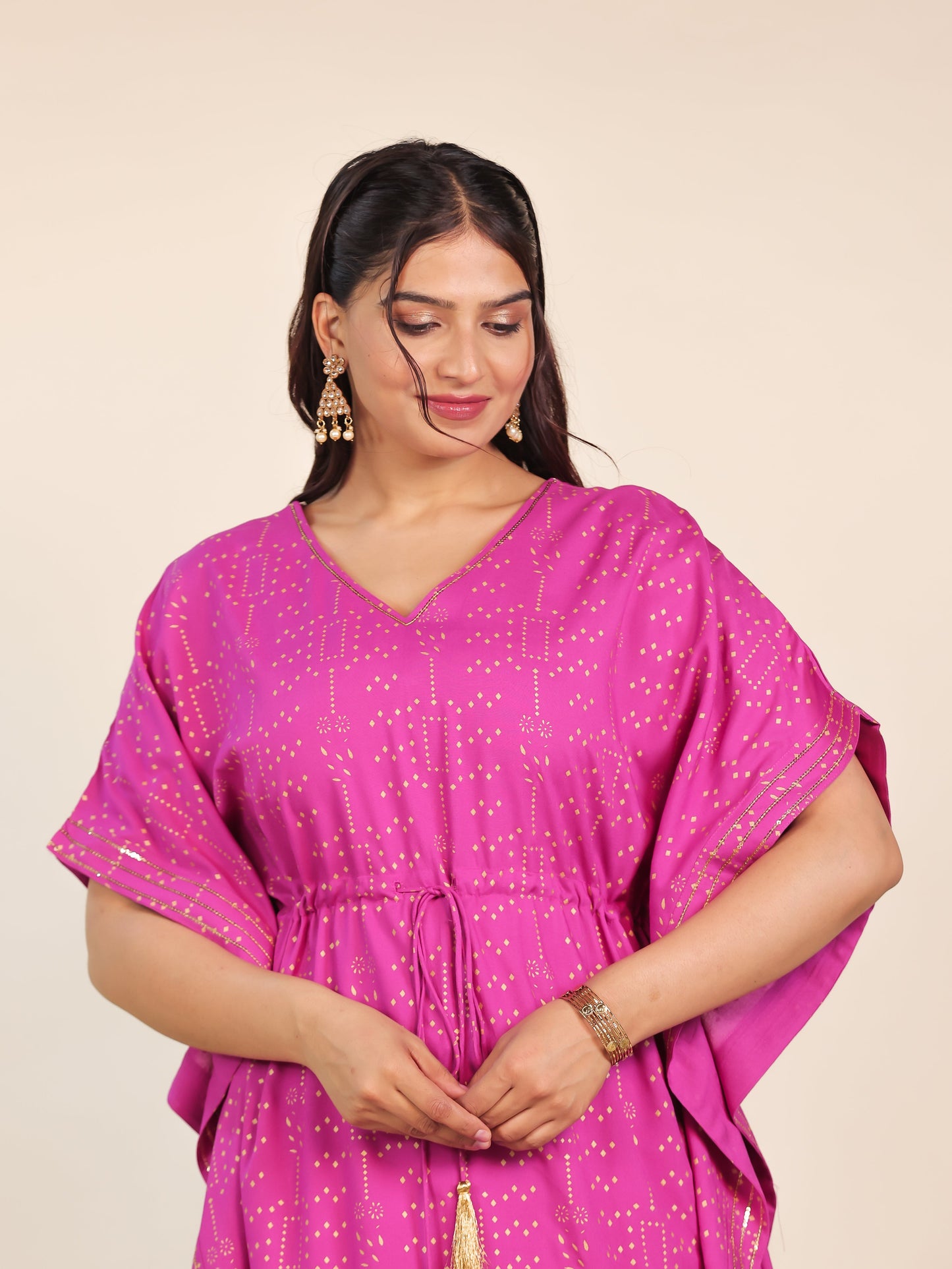 Embroidered Viscose Gold foil Kaftan Pink Kurta
