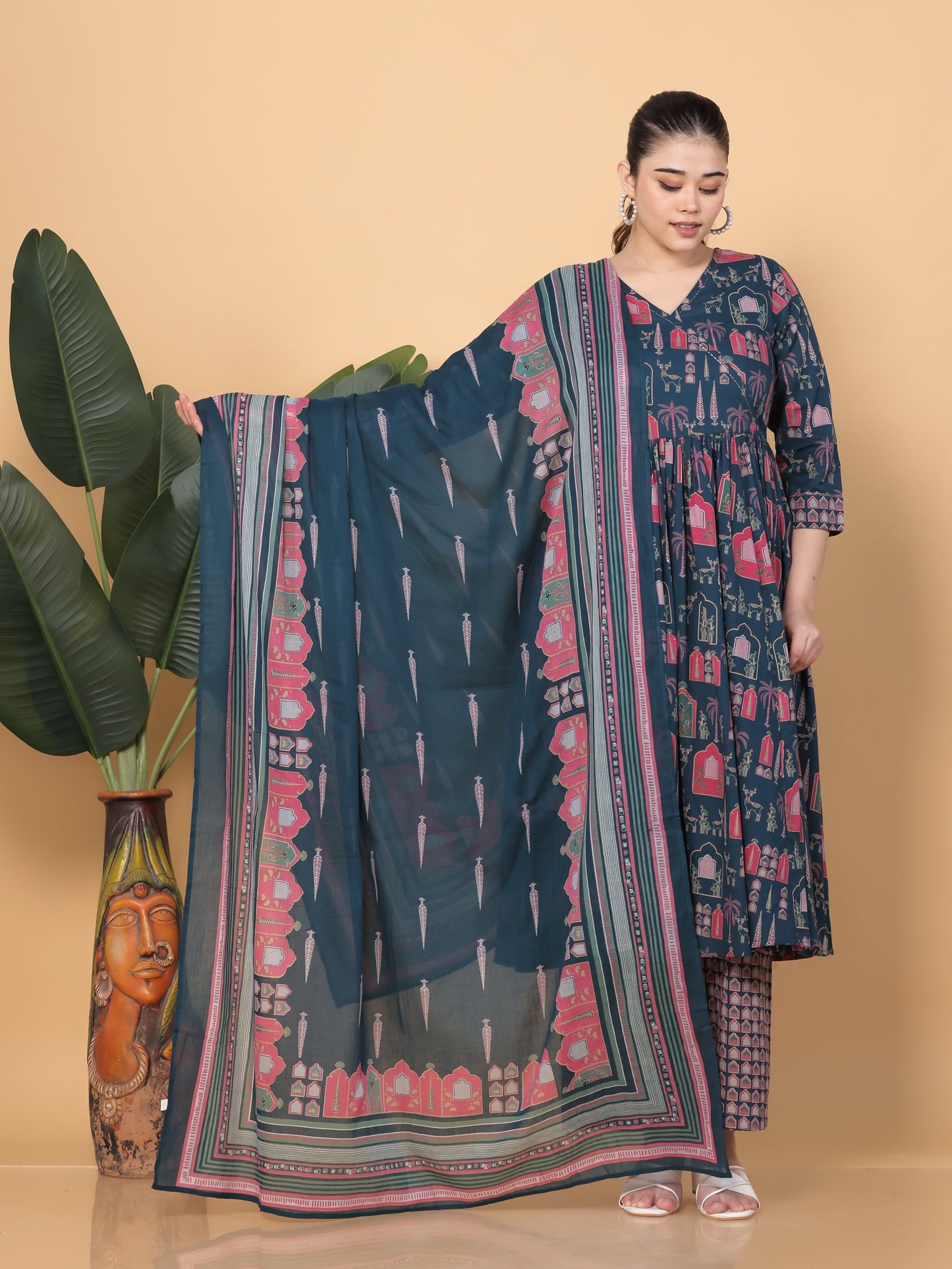 Cotton Voile Mughal Print Teal Dupatta