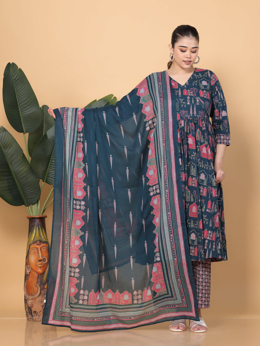 Cotton Voile Mughal Print Teal Dupatta