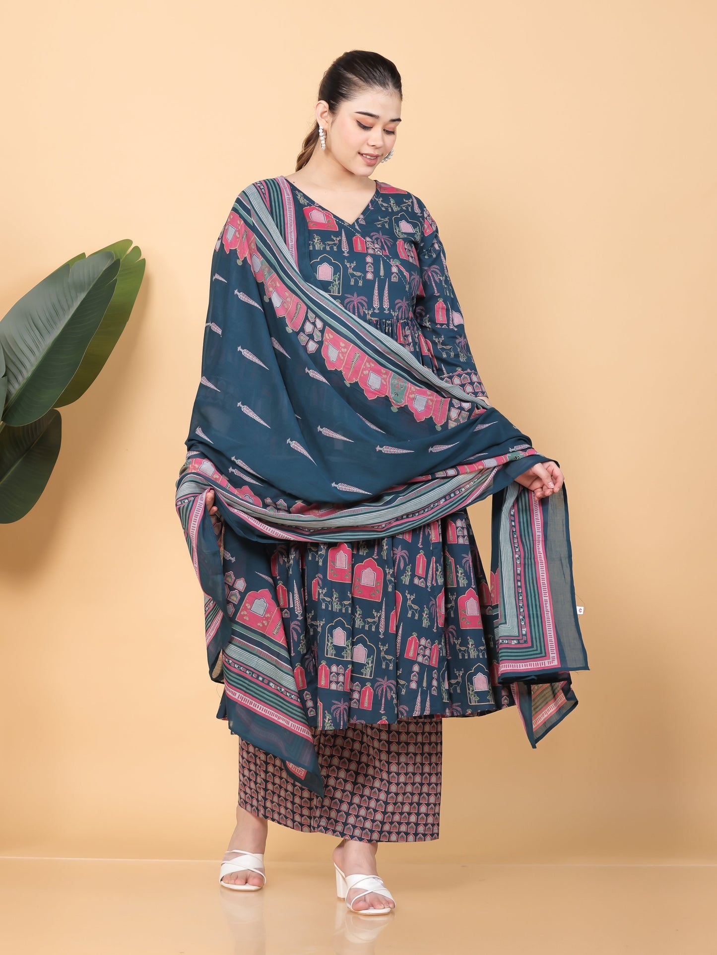 Embroidered Soft Cotton Mughal Print Angrakha Teal Kurta