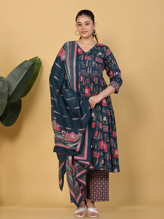 Embroidered Soft Cotton Mughal Print Angrakha Teal Kurta