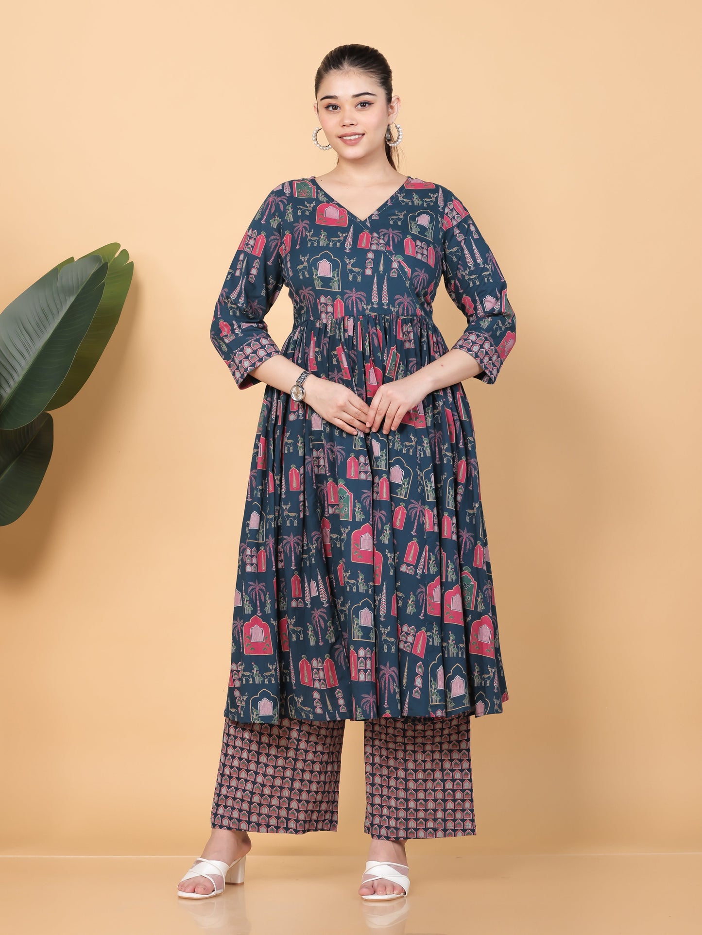 Embroidered Soft Cotton Mughal Print Angrakha Teal Kurta