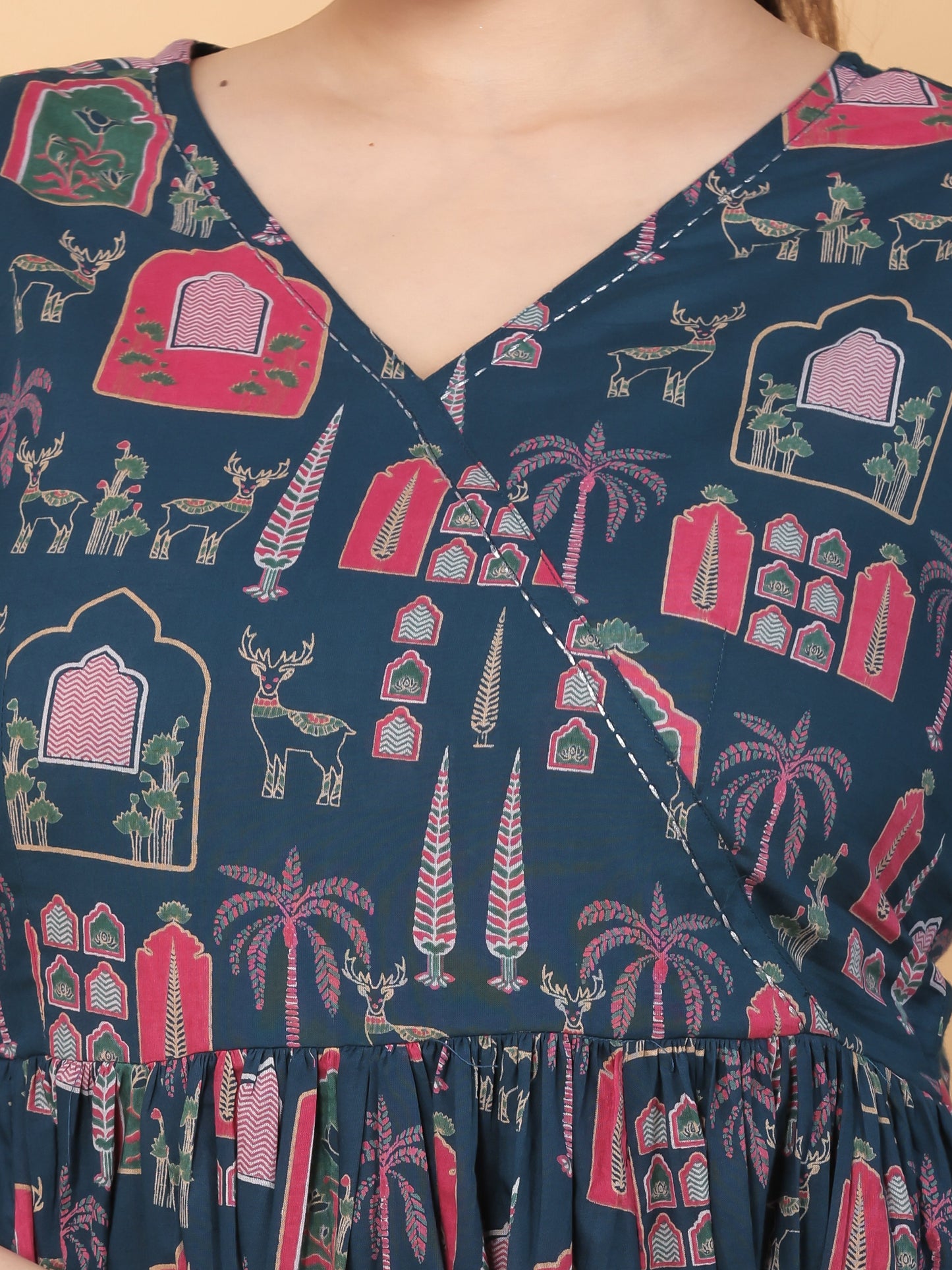 Embroidered Soft Cotton Mughal Print Angrakha Teal Kurta