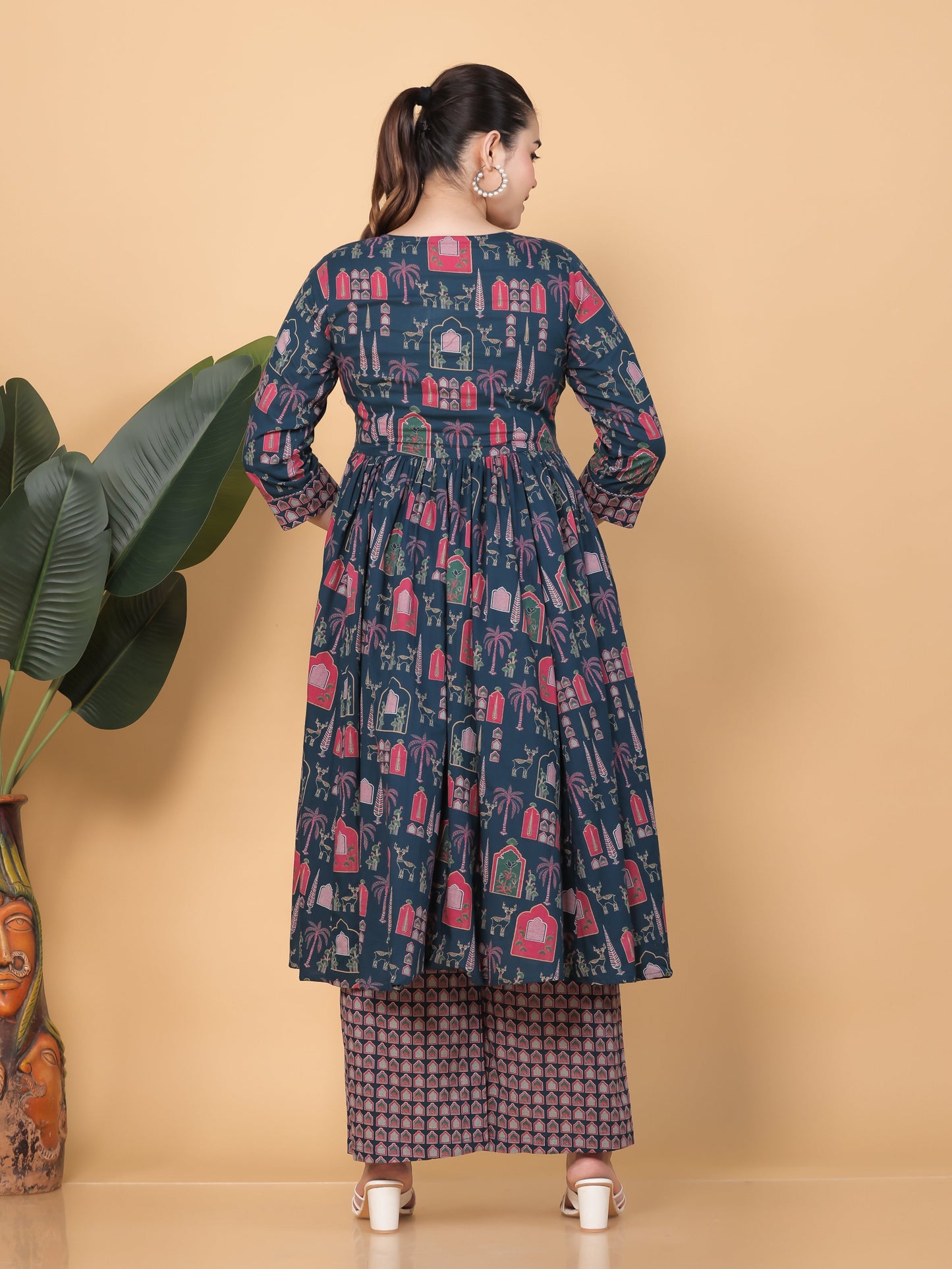 Embroidered Soft Cotton Mughal Print Angrakha Teal Kurta