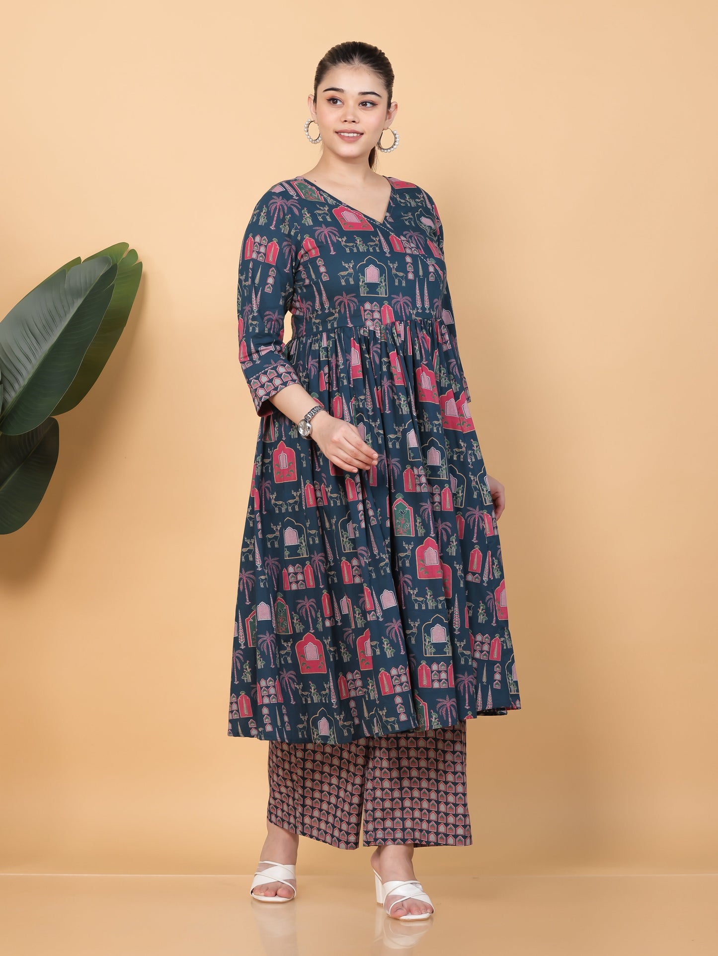 Embroidered Soft Cotton Mughal Print Angrakha Teal Kurta