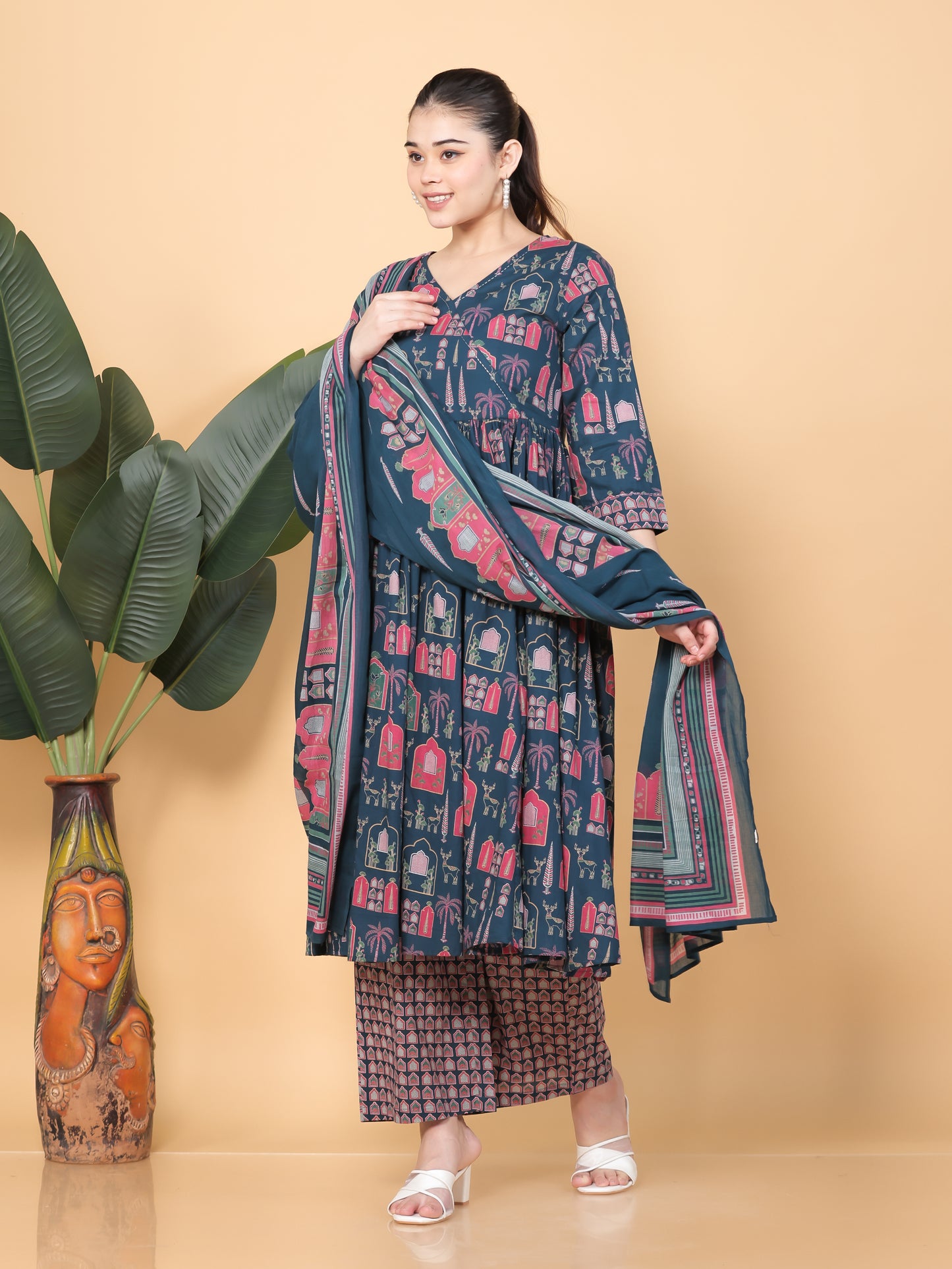 Embroidered Soft Cotton Mughal Print Angrakha Teal Kurta
