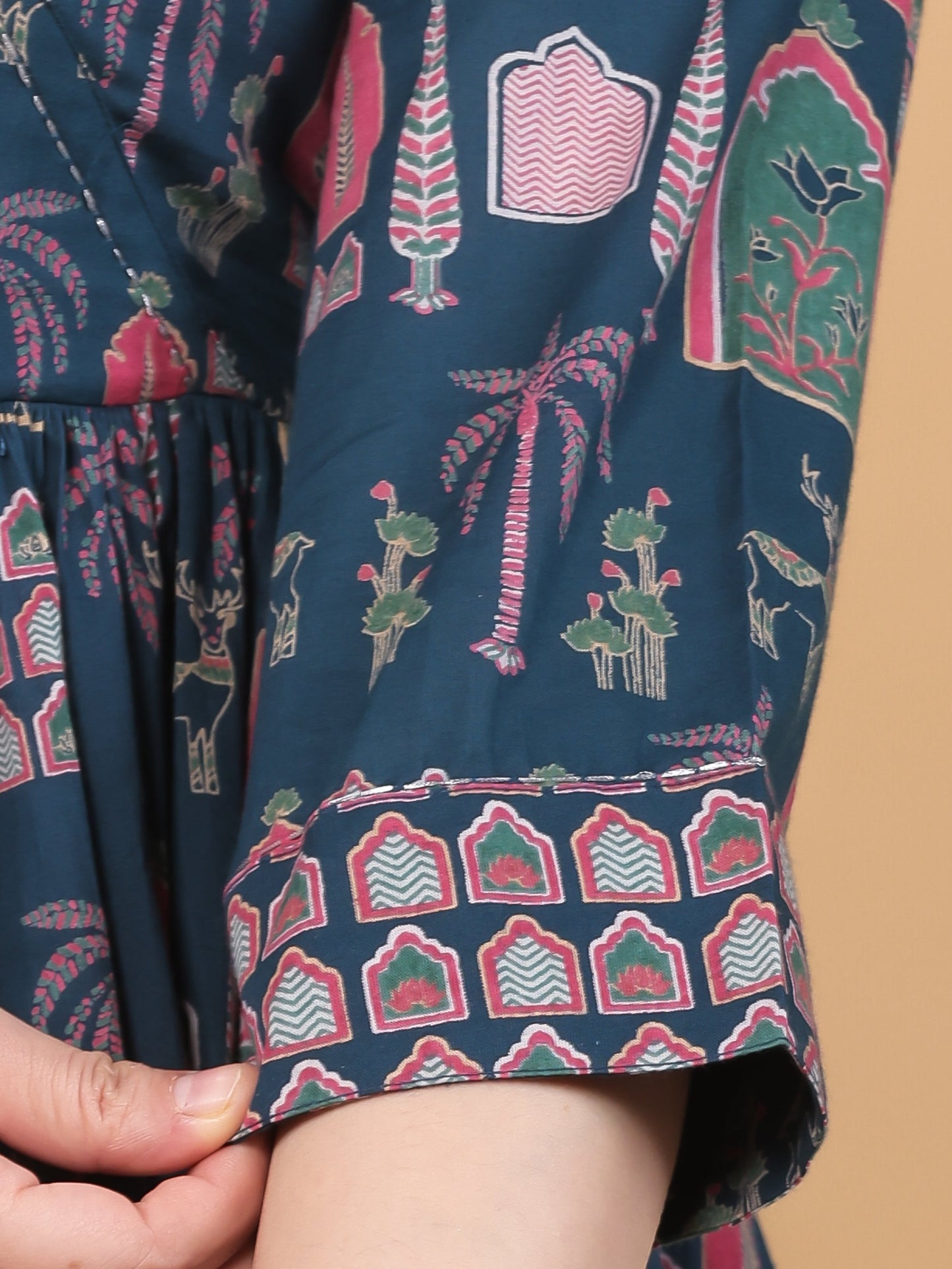 Embroidered Soft Cotton Mughal Print Angrakha Teal Kurta