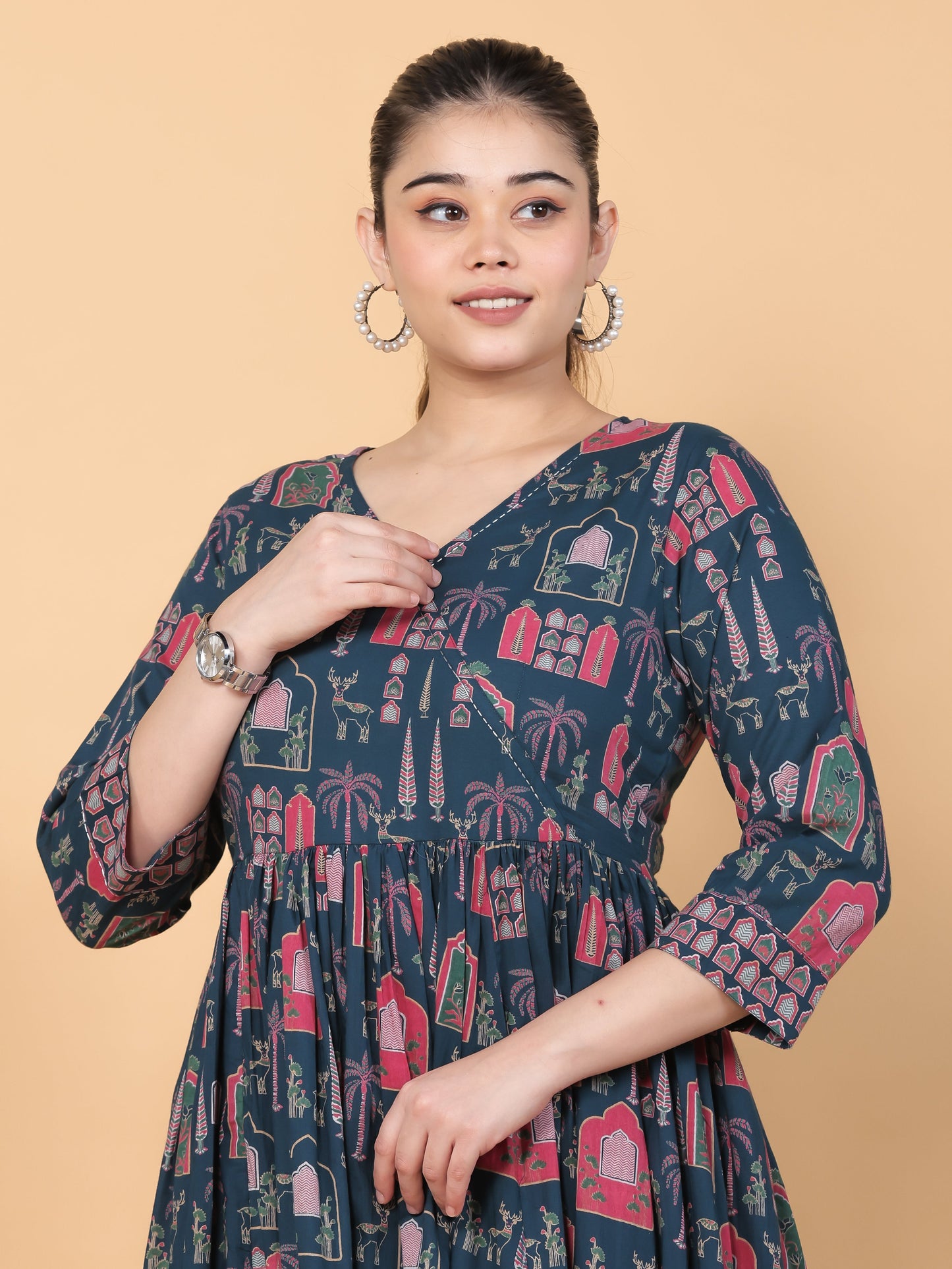Embroidered Soft Cotton Mughal Print Angrakha Teal Kurta