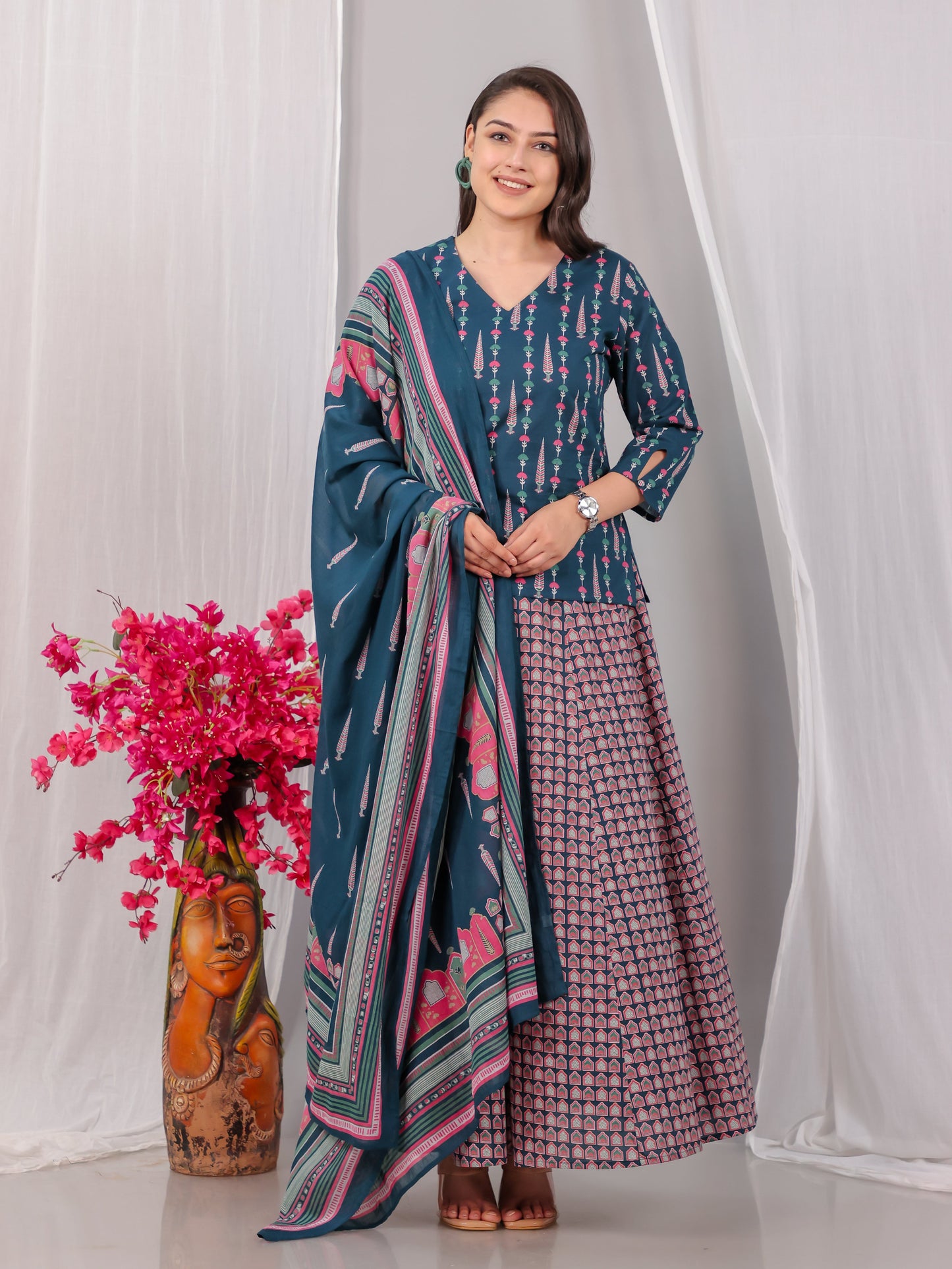 Cotton Voile Mughal Print Teal Dupatta
