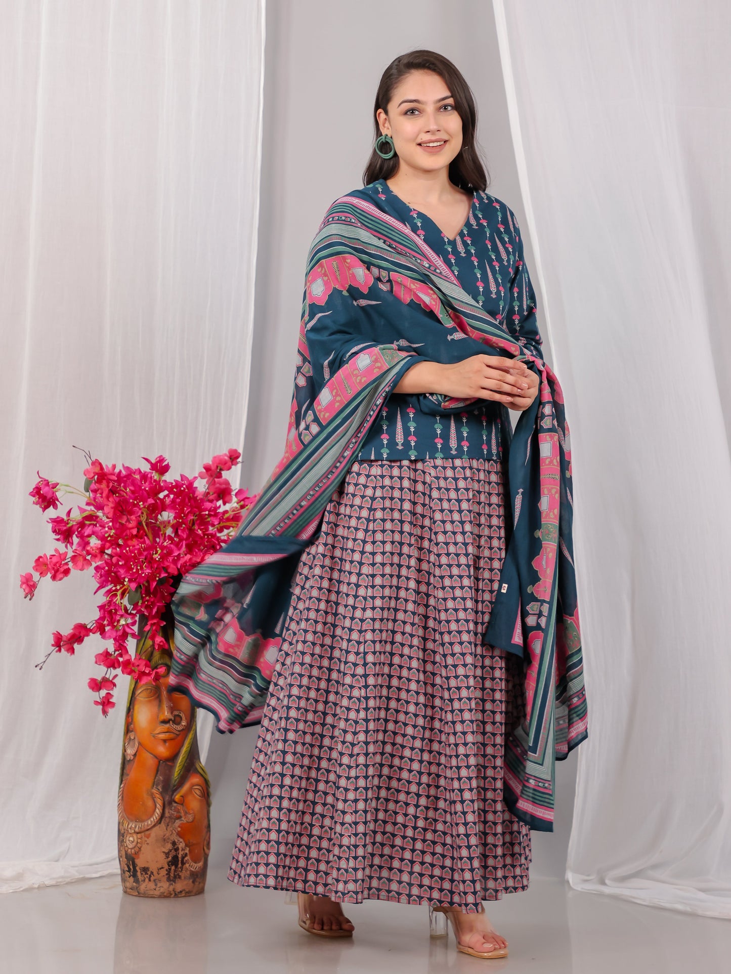 Cotton Voile Mughal Print Teal Dupatta
