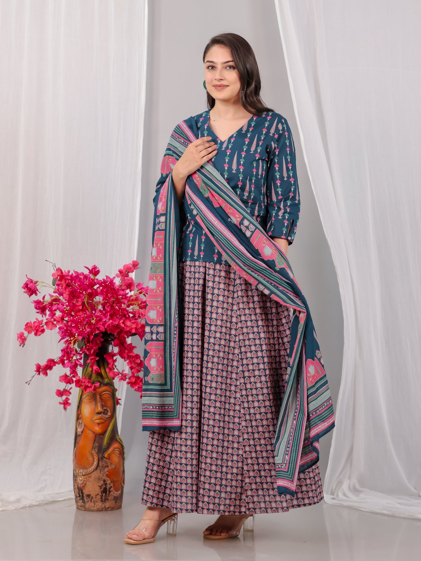 Soft Cotton Butti Straight Teal Short Kurta