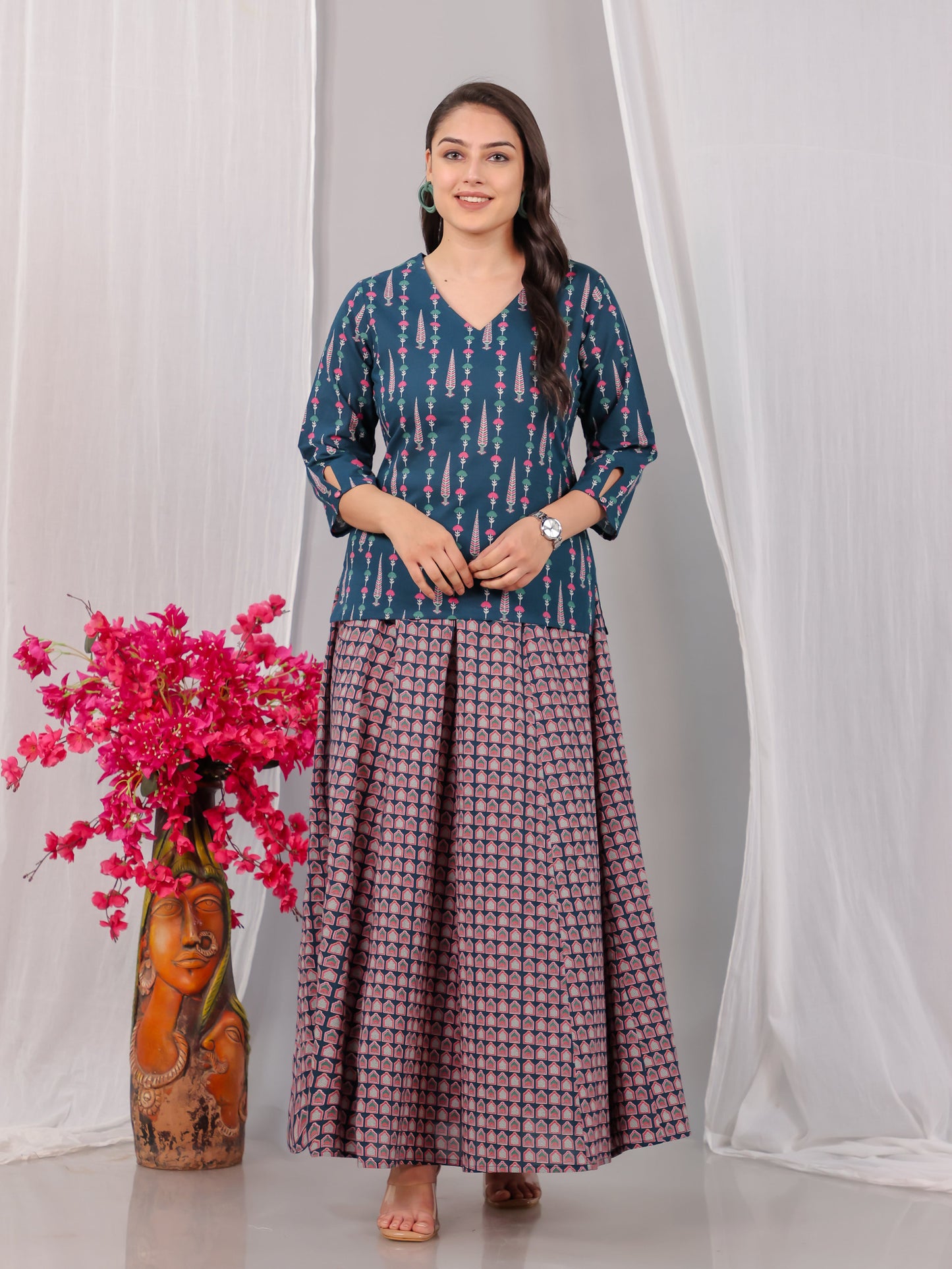 Soft Cotton Butti Straight Teal Short Kurta