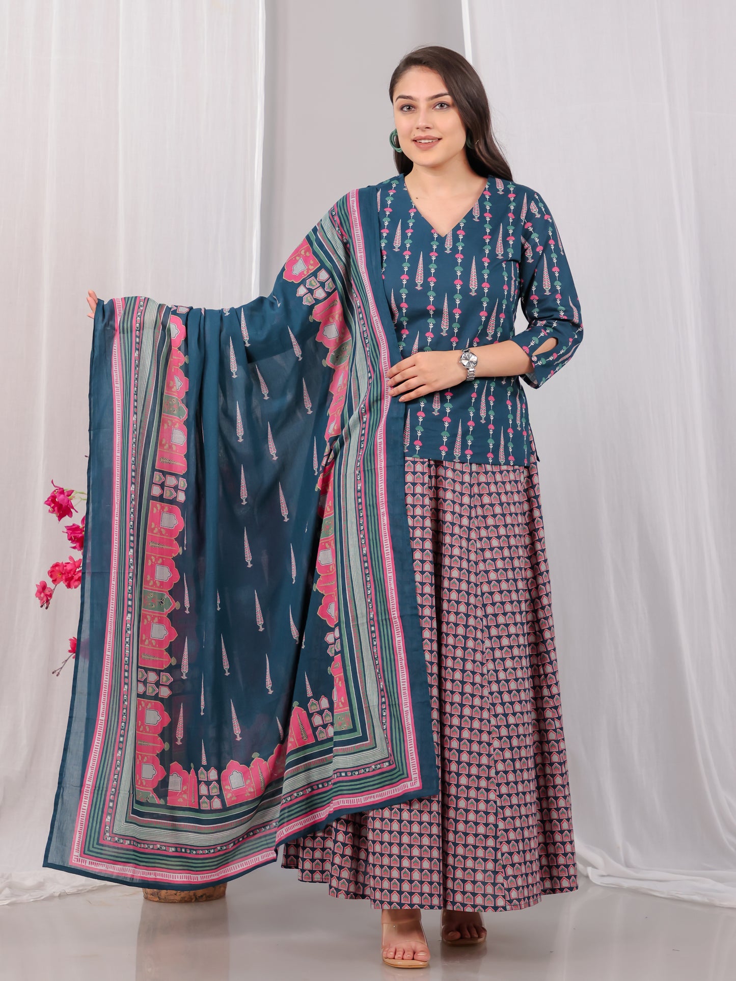 Soft Cotton Butti Straight Teal Short Kurta