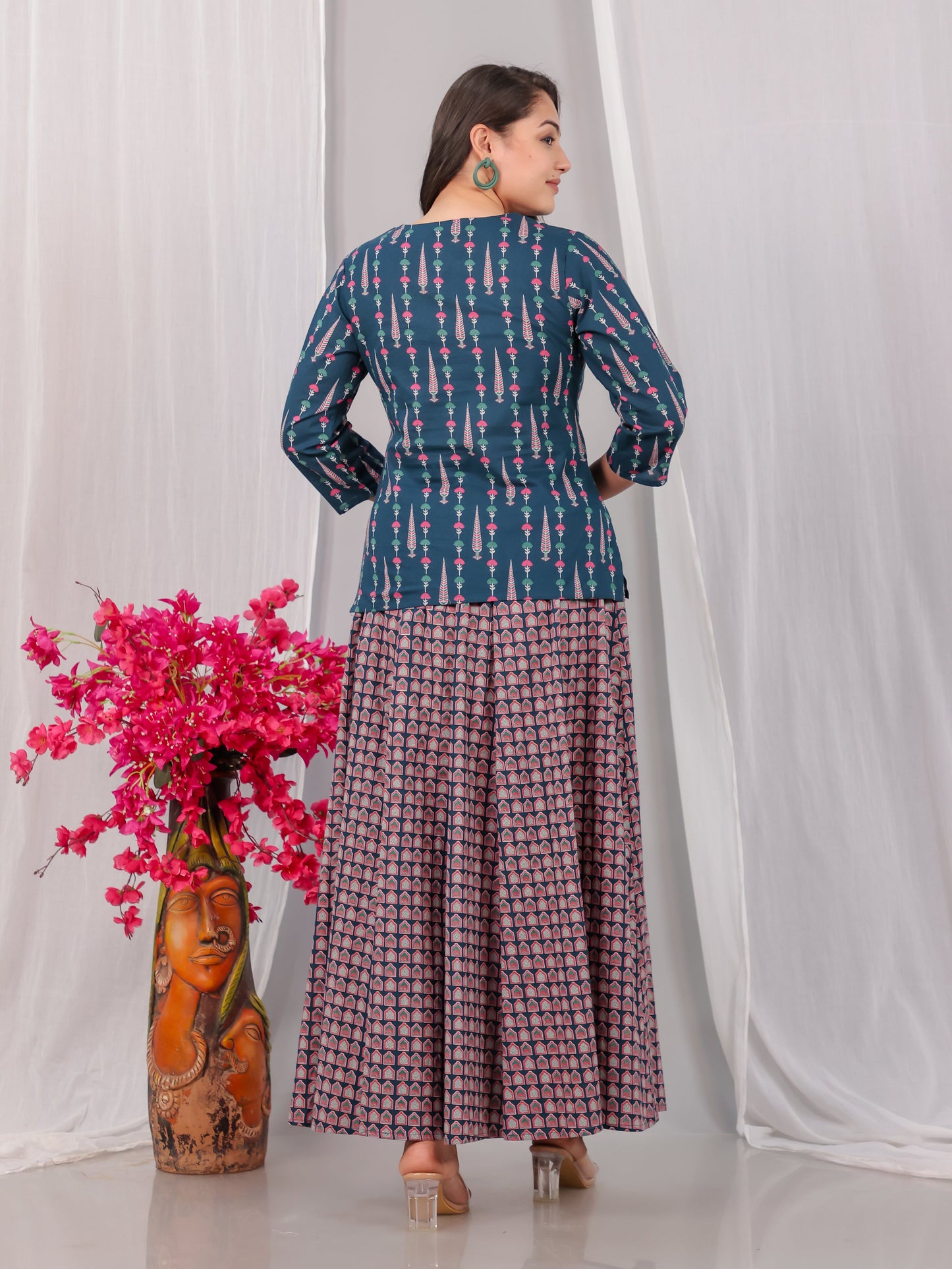 Soft Cotton Butti Straight Teal Short Kurta