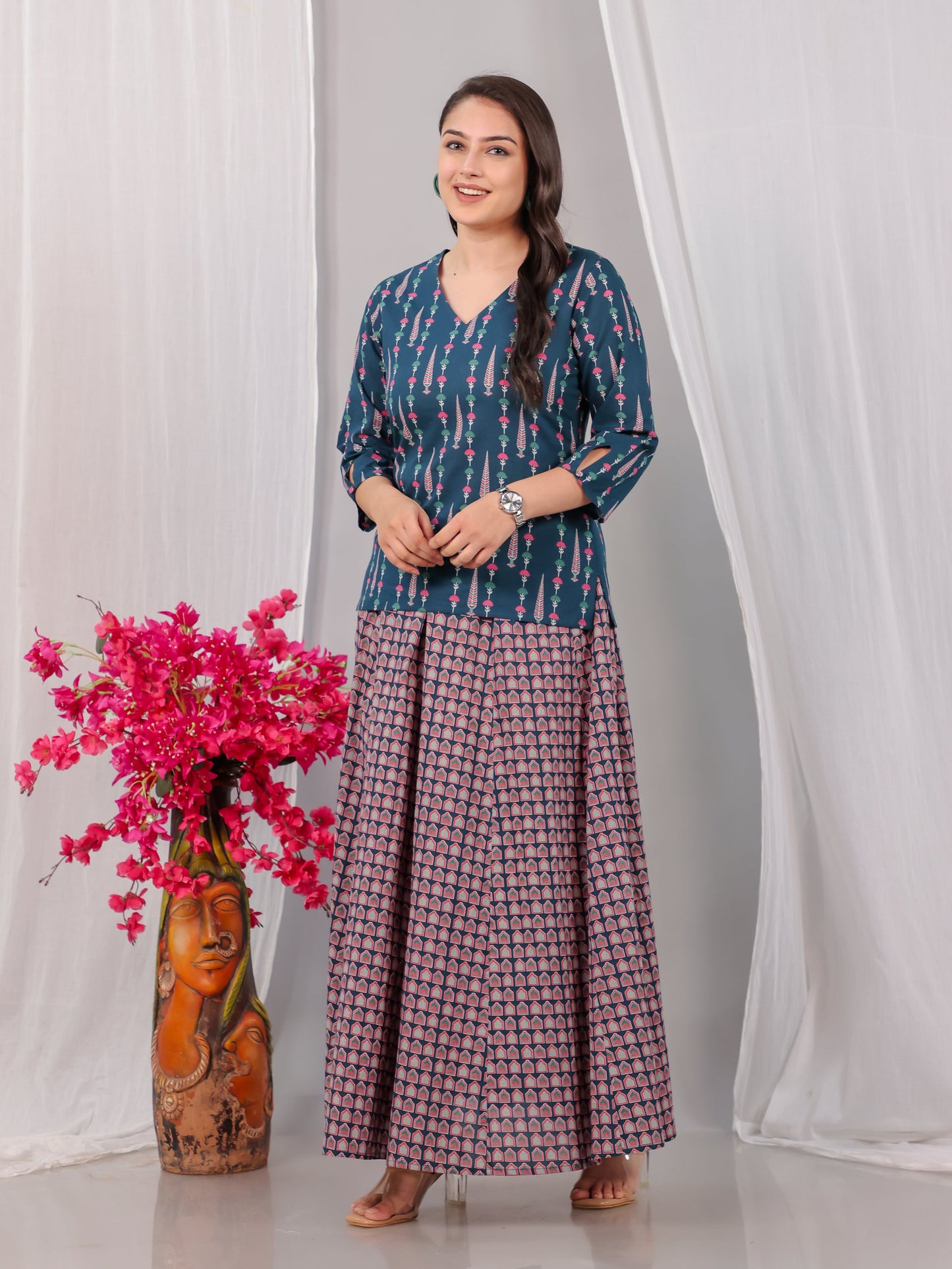 Soft Cotton Butti Straight Teal Short Kurta