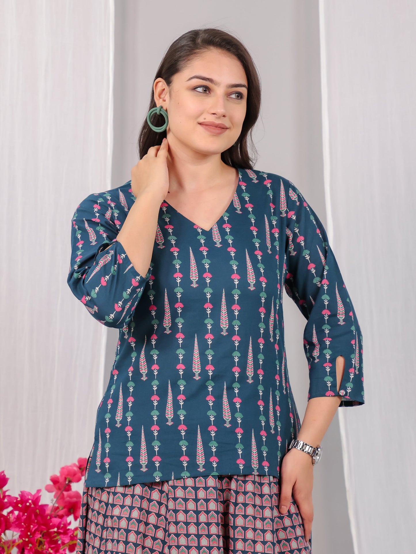 Soft Cotton Butti Straight Teal Short Kurta