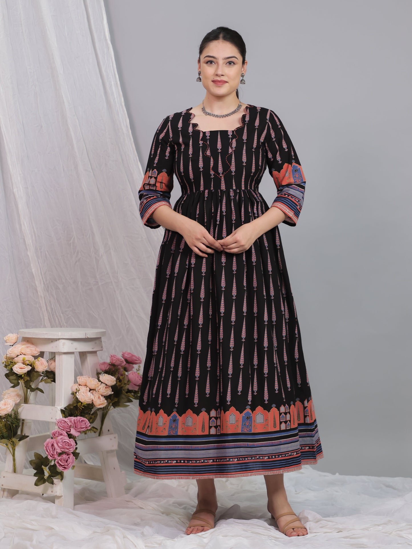Embroidered Soft Cotton Mughal Print Flared Black Dress