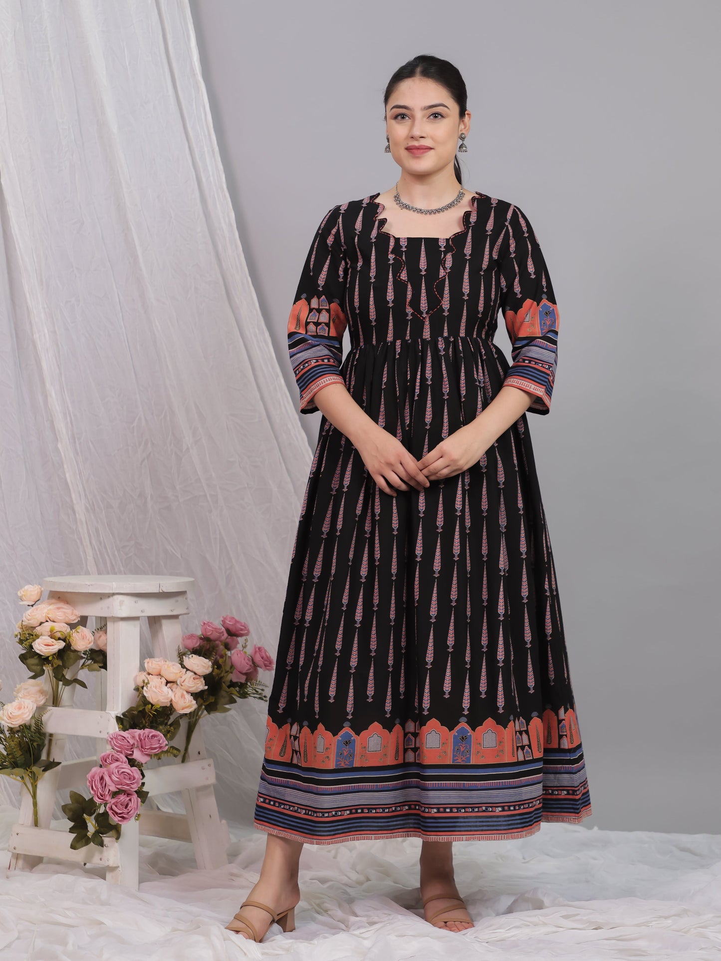 Embroidered Soft Cotton Mughal Print Flared Black Dress