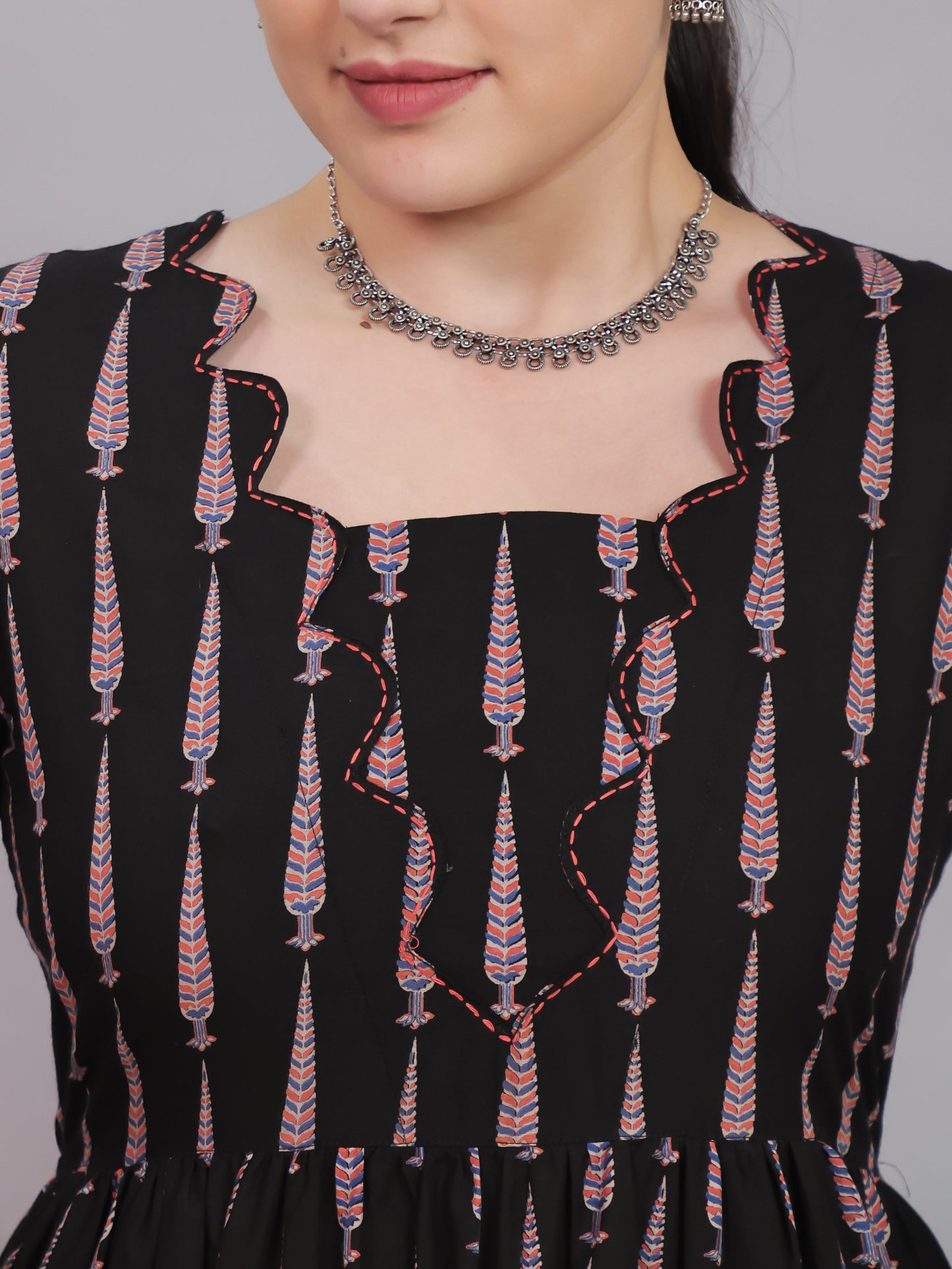 Embroidered Soft Cotton Mughal Print Flared Black Dress