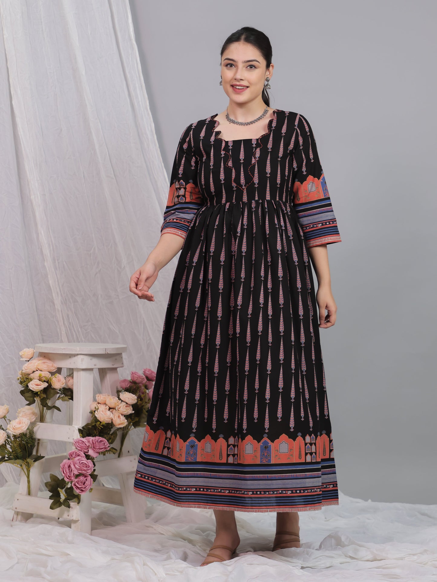 Embroidered Soft Cotton Mughal Print Flared Black Dress