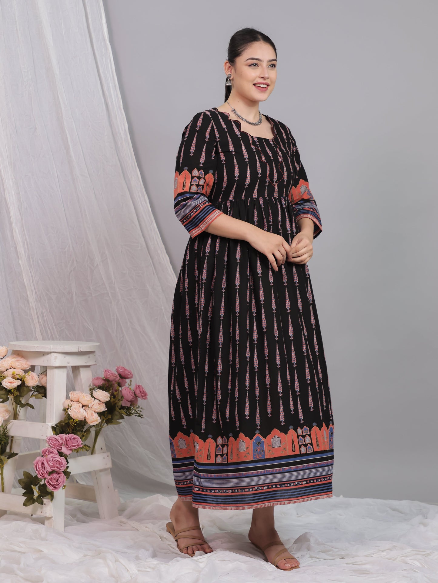 Embroidered Soft Cotton Mughal Print Flared Black Dress