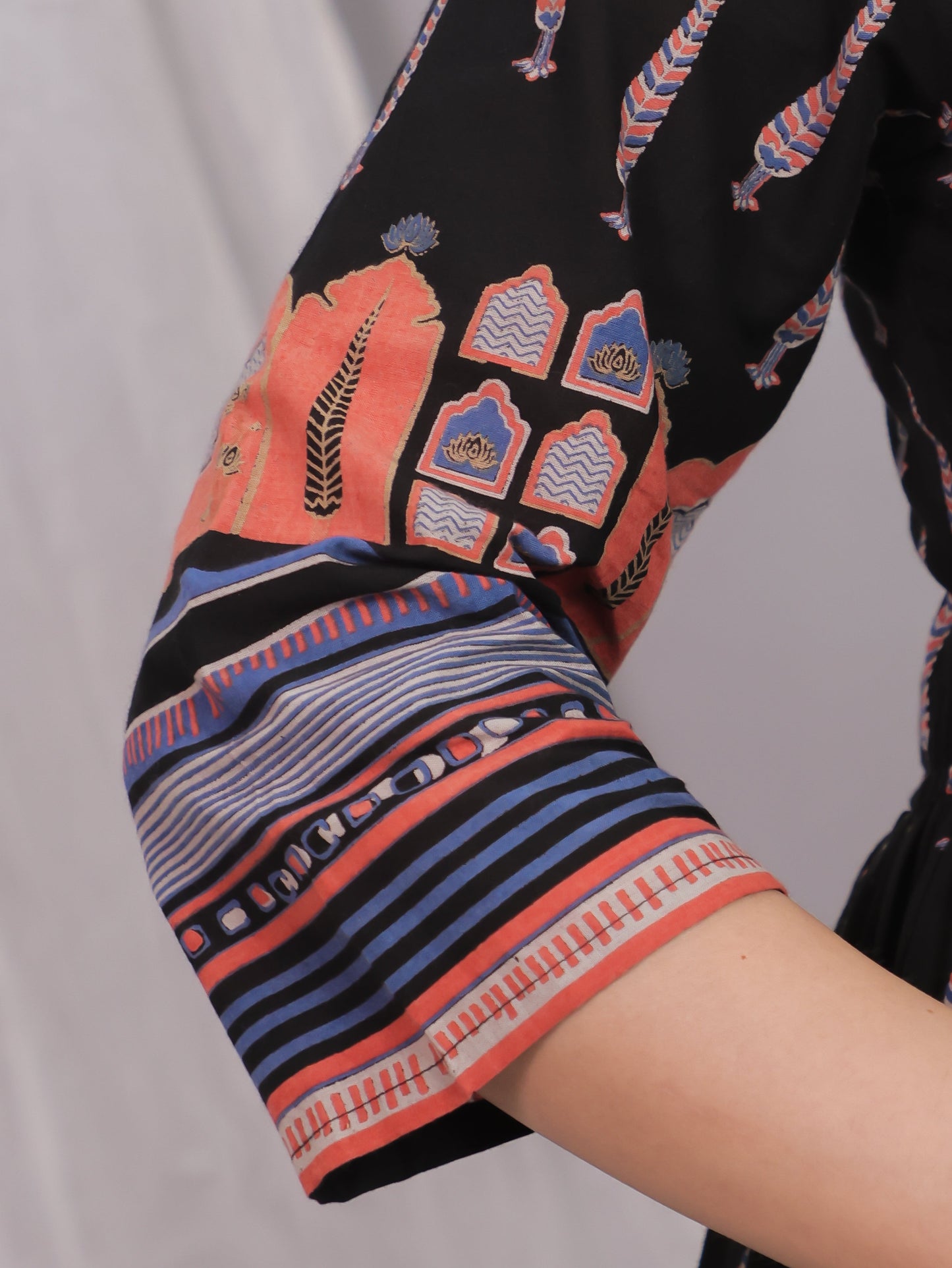 Embroidered Soft Cotton Mughal Print Flared Black Dress