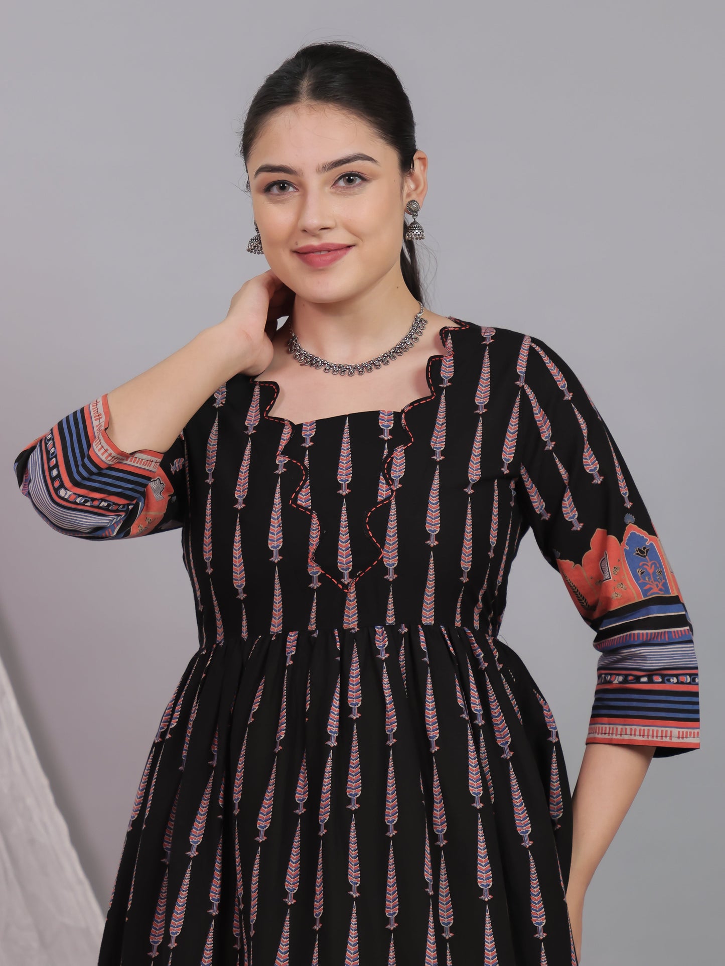 Embroidered Soft Cotton Mughal Print Flared Black Dress