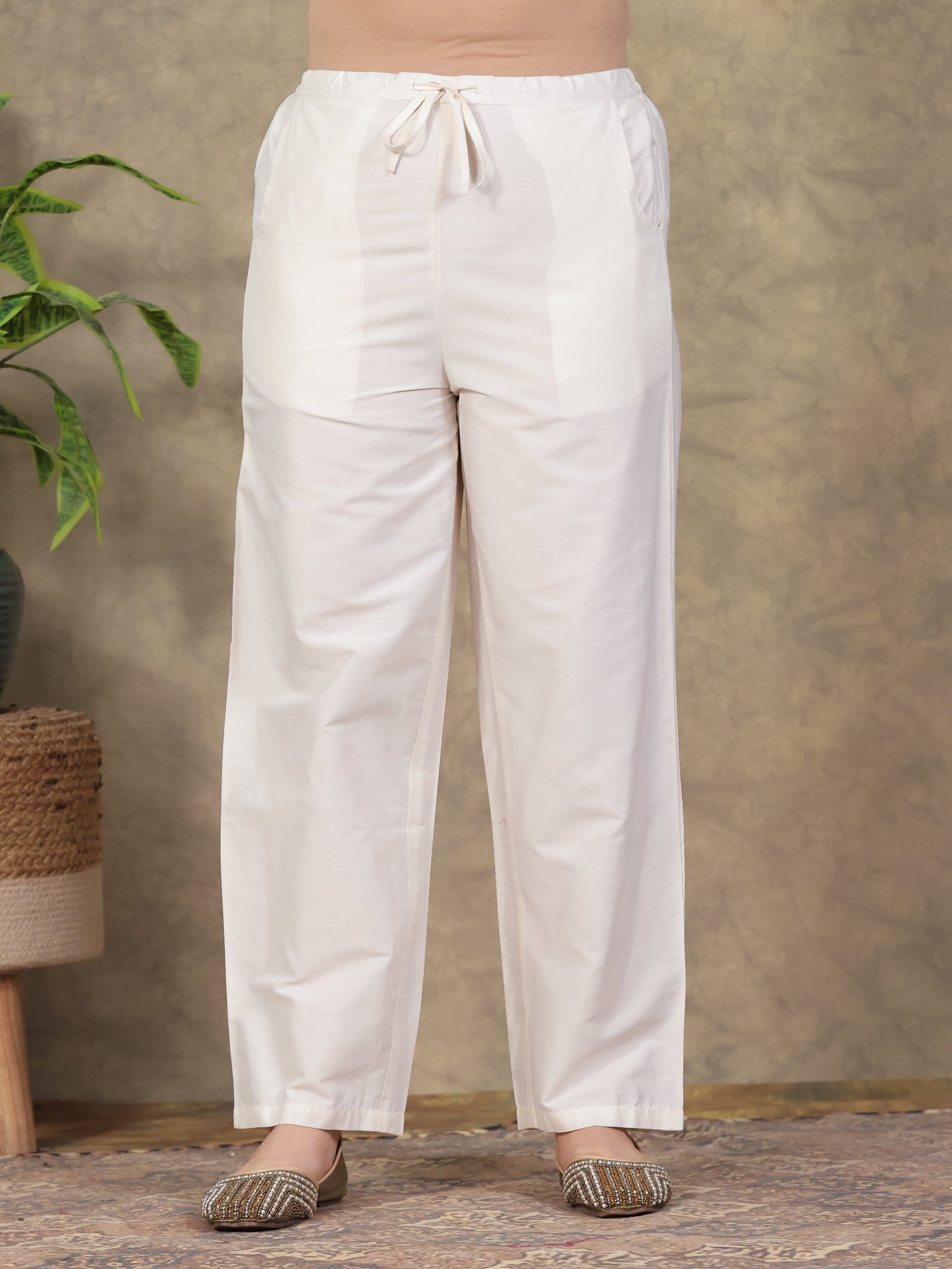 Poly Chanderi Solid Off White Straight Trousers