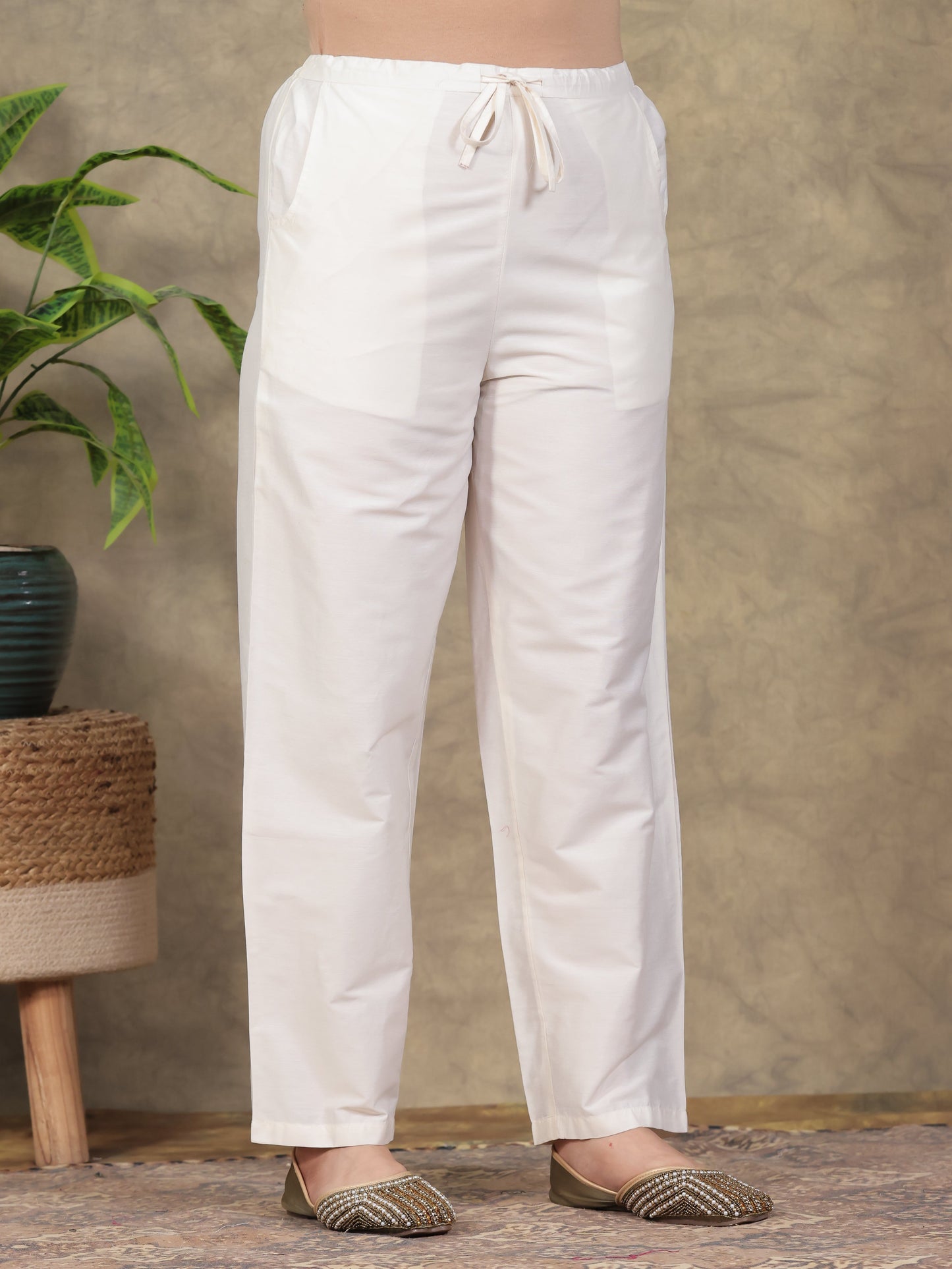 Poly Chanderi Solid Off White Straight Trousers