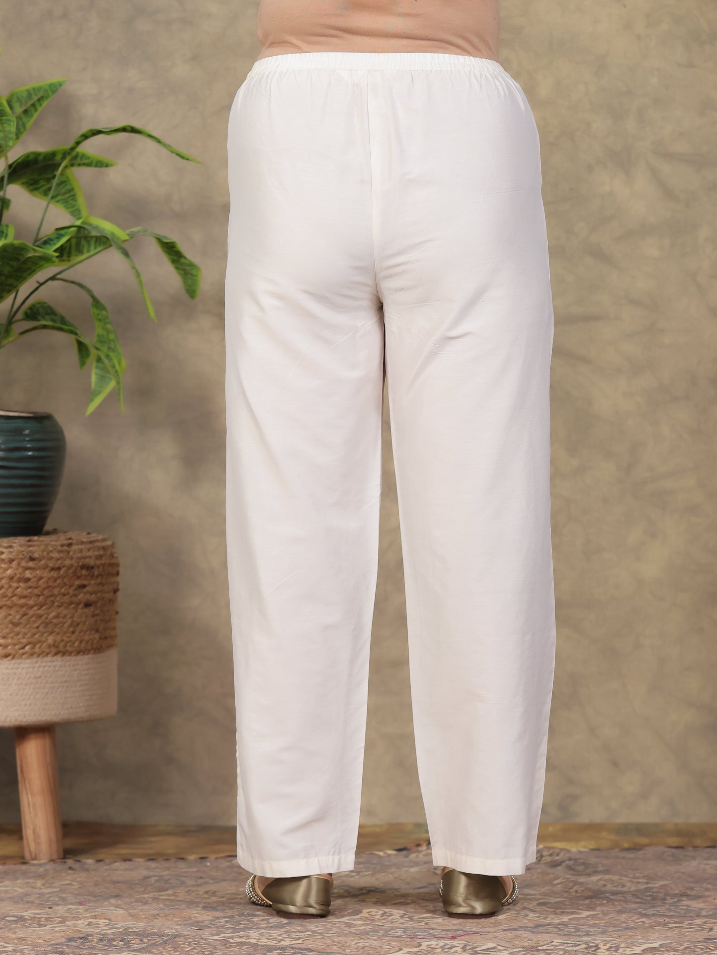 Poly Chanderi Solid Off White Straight Trousers