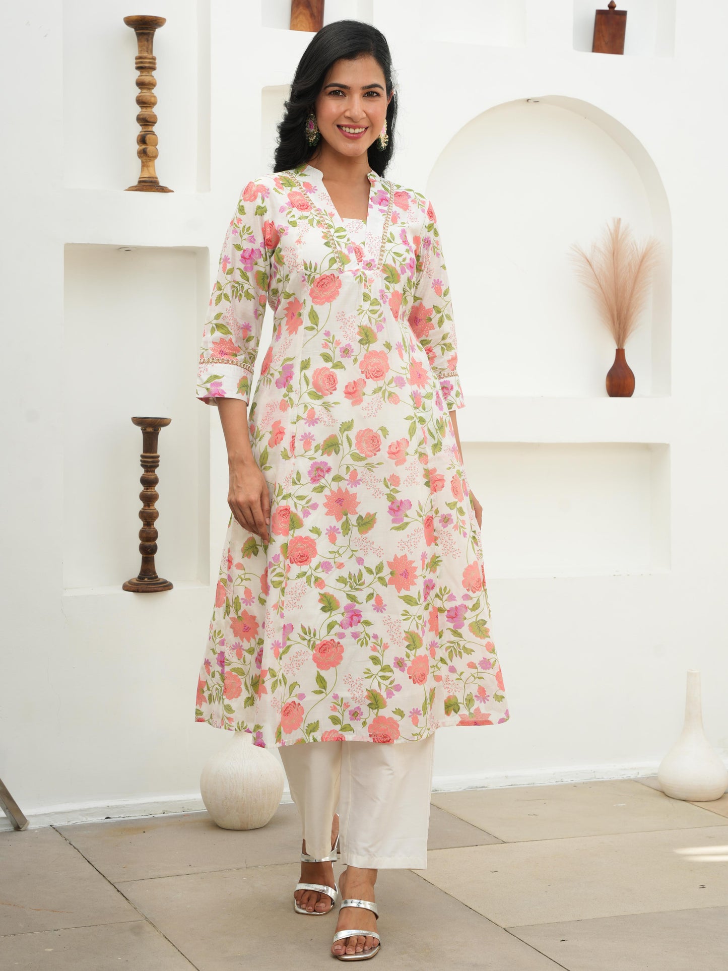Chanderi Floral Straight Off White Kurta
