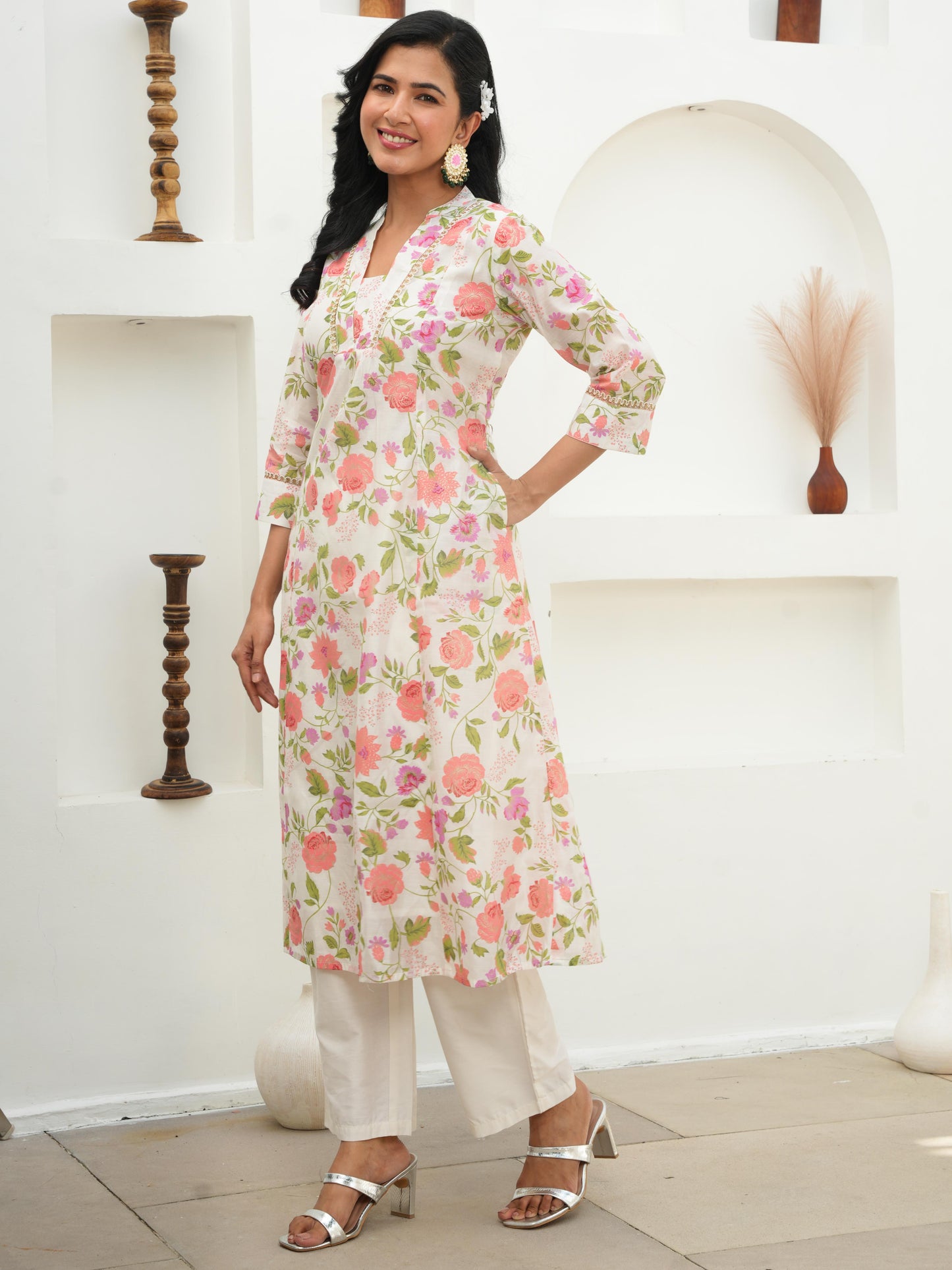 Chanderi Floral Straight Off White Kurta