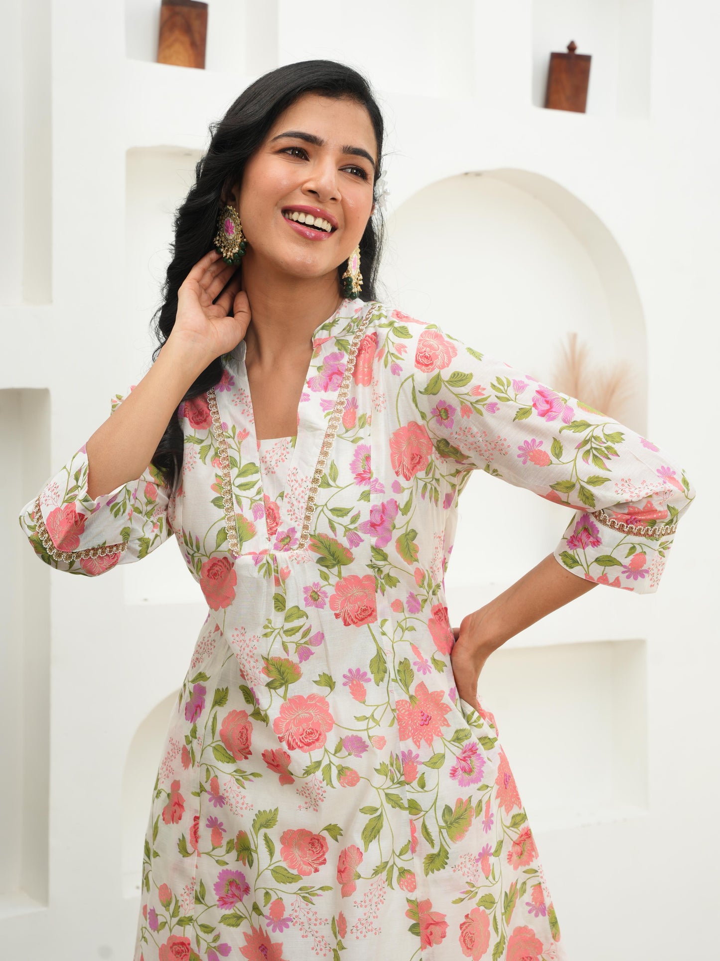 Chanderi Floral Straight Off White Kurta