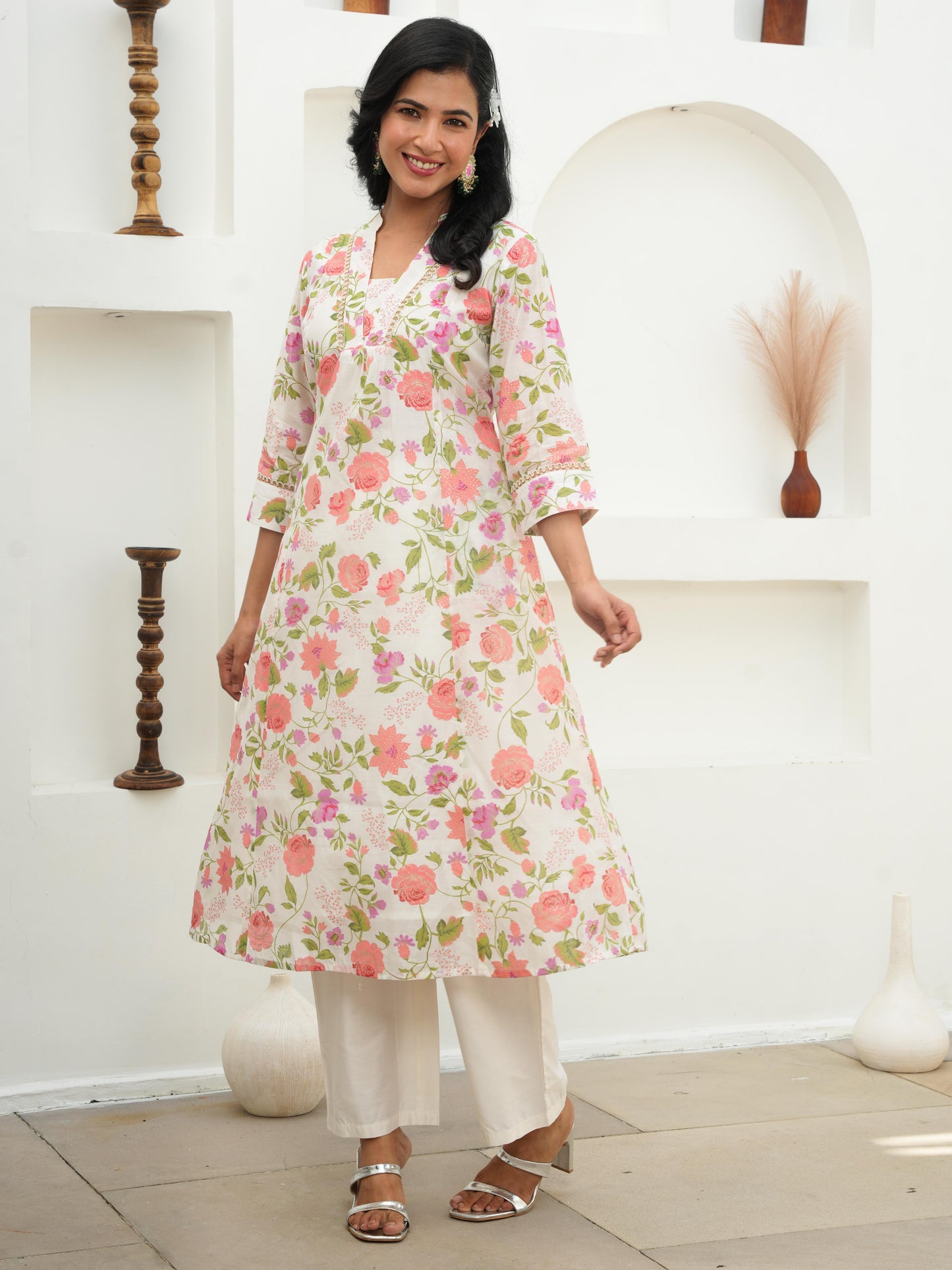 Chanderi Floral Straight Off White Kurta