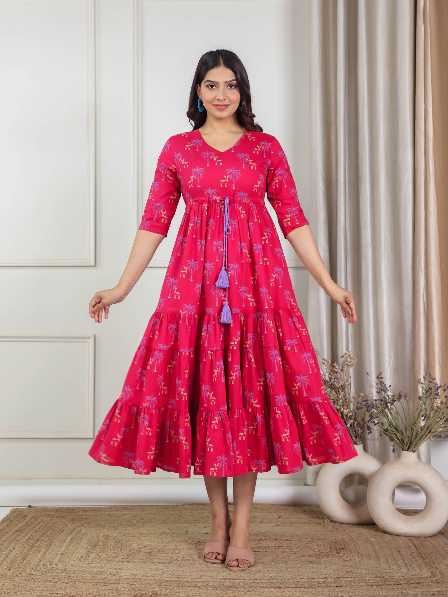 Soft Cotton Animal Anarkali Maroon Dress