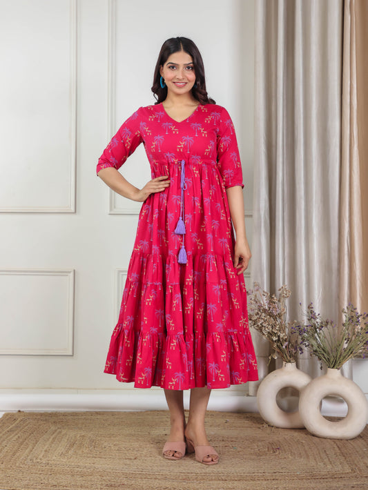 Soft Cotton Animal Anarkali Maroon Dress